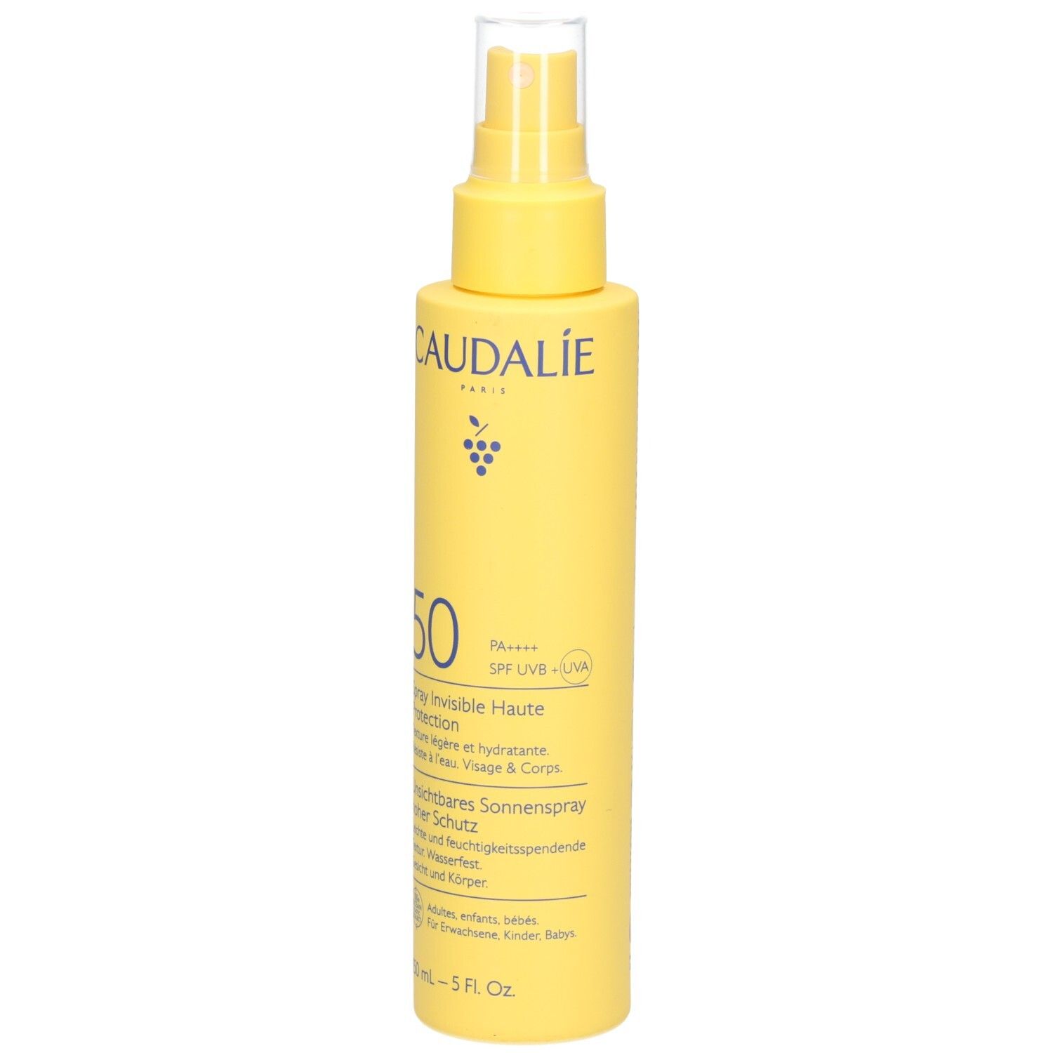 Flacon spray jaune CAUDALIE avec inscription "50". Contient un écran solaire. Avec tête de pulvérisation.