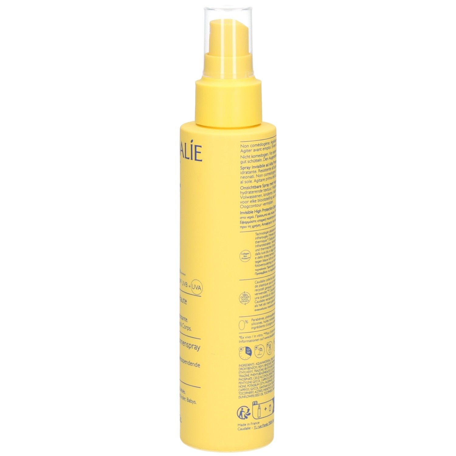 Flacon spray jaune avec texte. Dos avec informations sur le produit et logos.