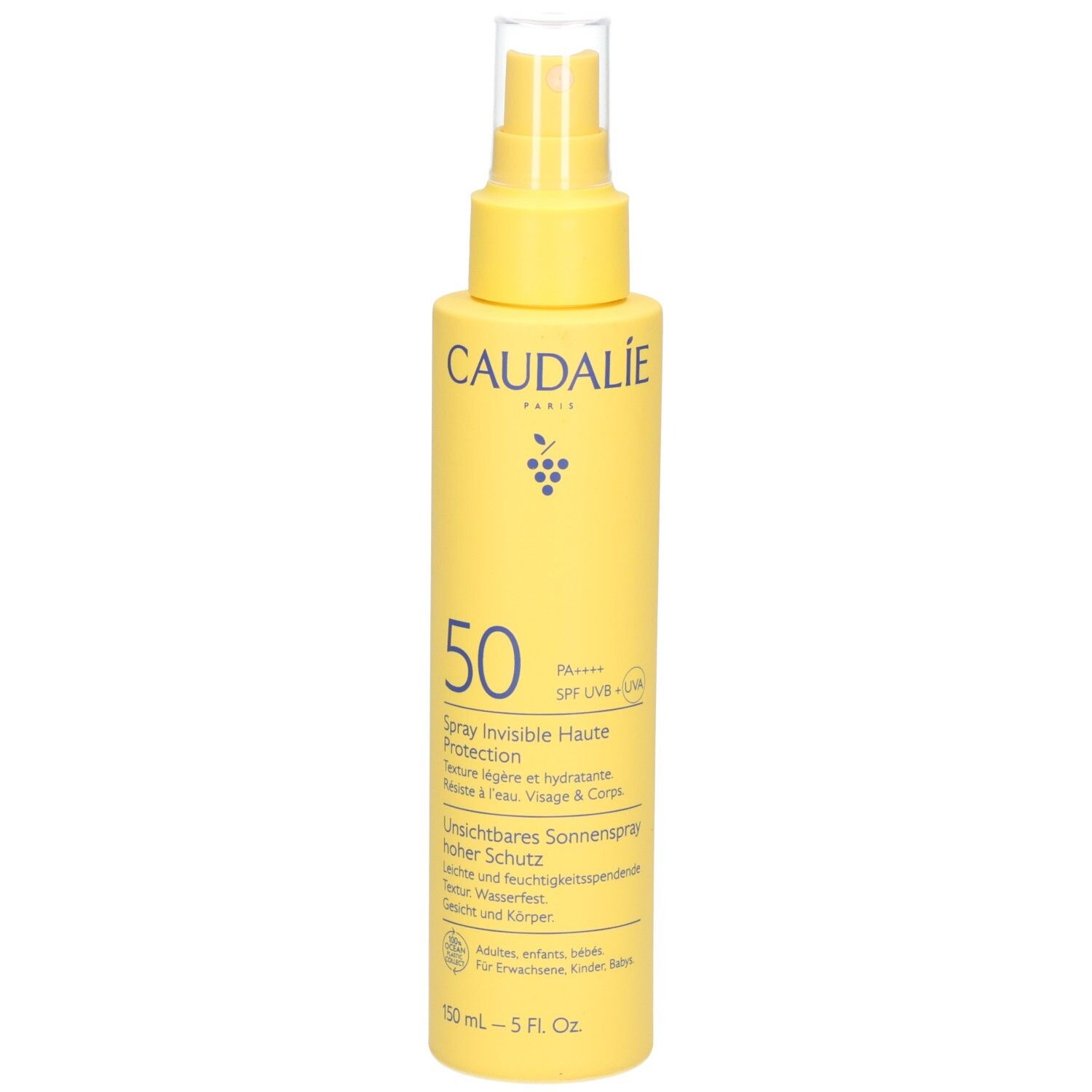 Flacon spray jaune CAUDALIE avec inscription "50". Contient un écran solaire. Avec tête de pulvérisation.