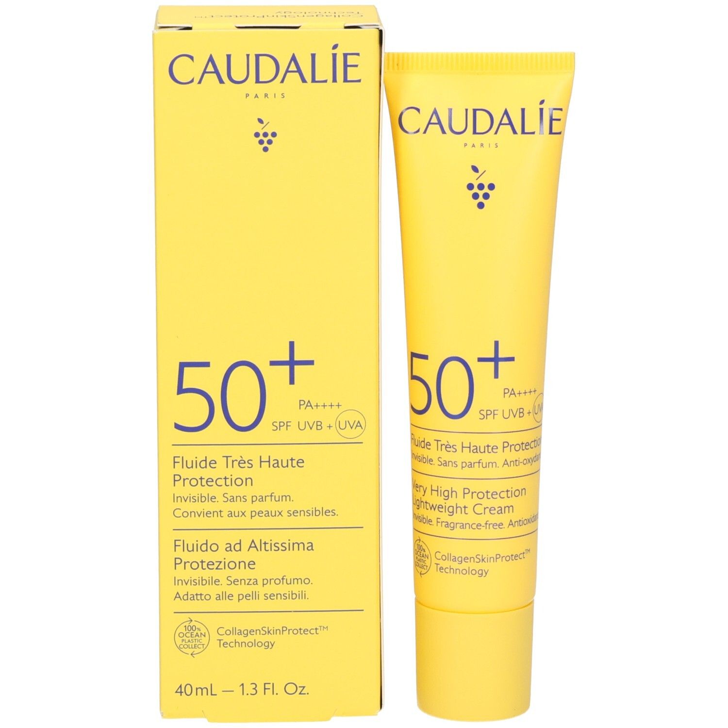 Gelbe Verpackung mit Tube. CAUDALIE, 50+. Produktname und Text in mehreren Sprachen.