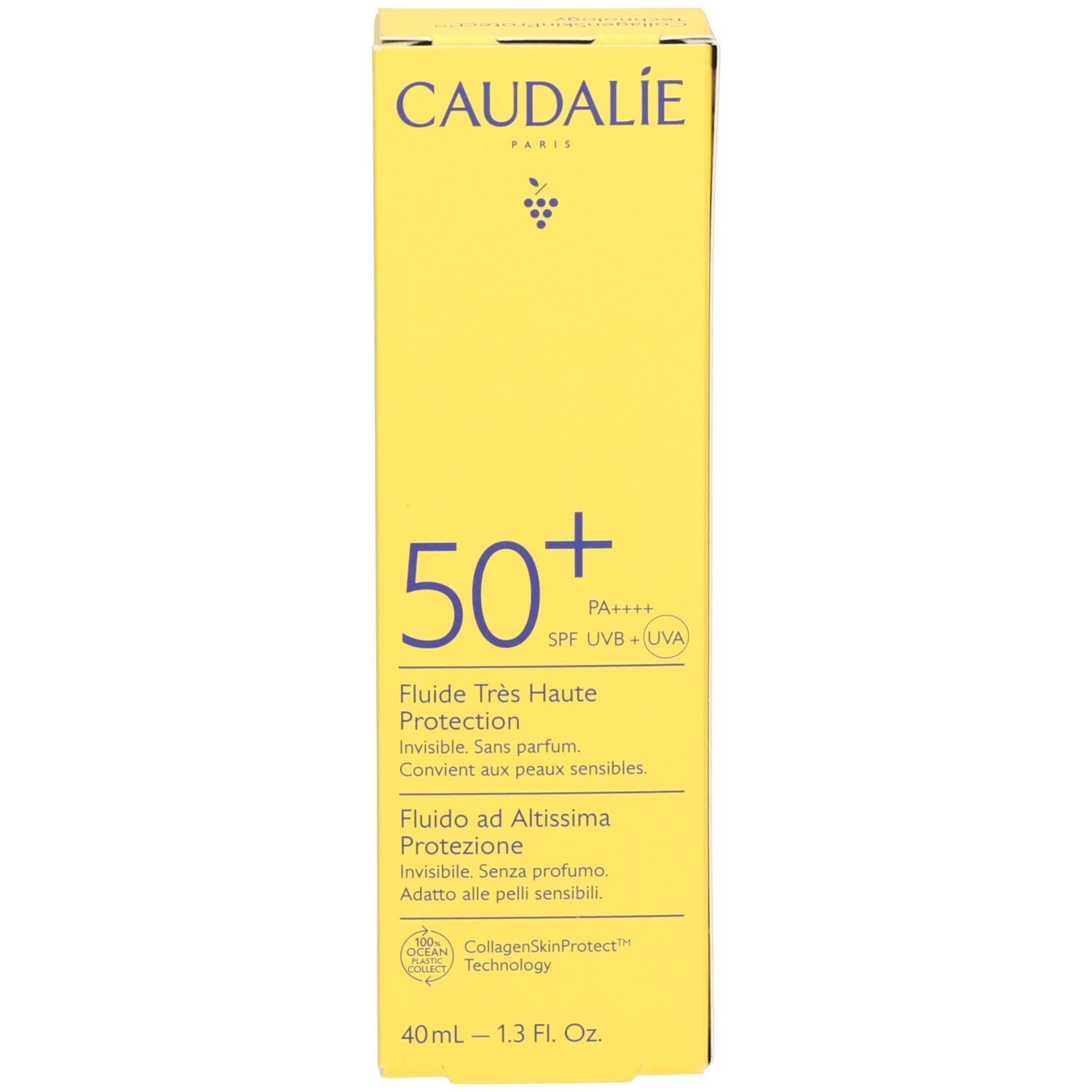 Gelbe Verpackung. CAUDALIE, 50+. Produktname und Text in mehreren Sprachen.