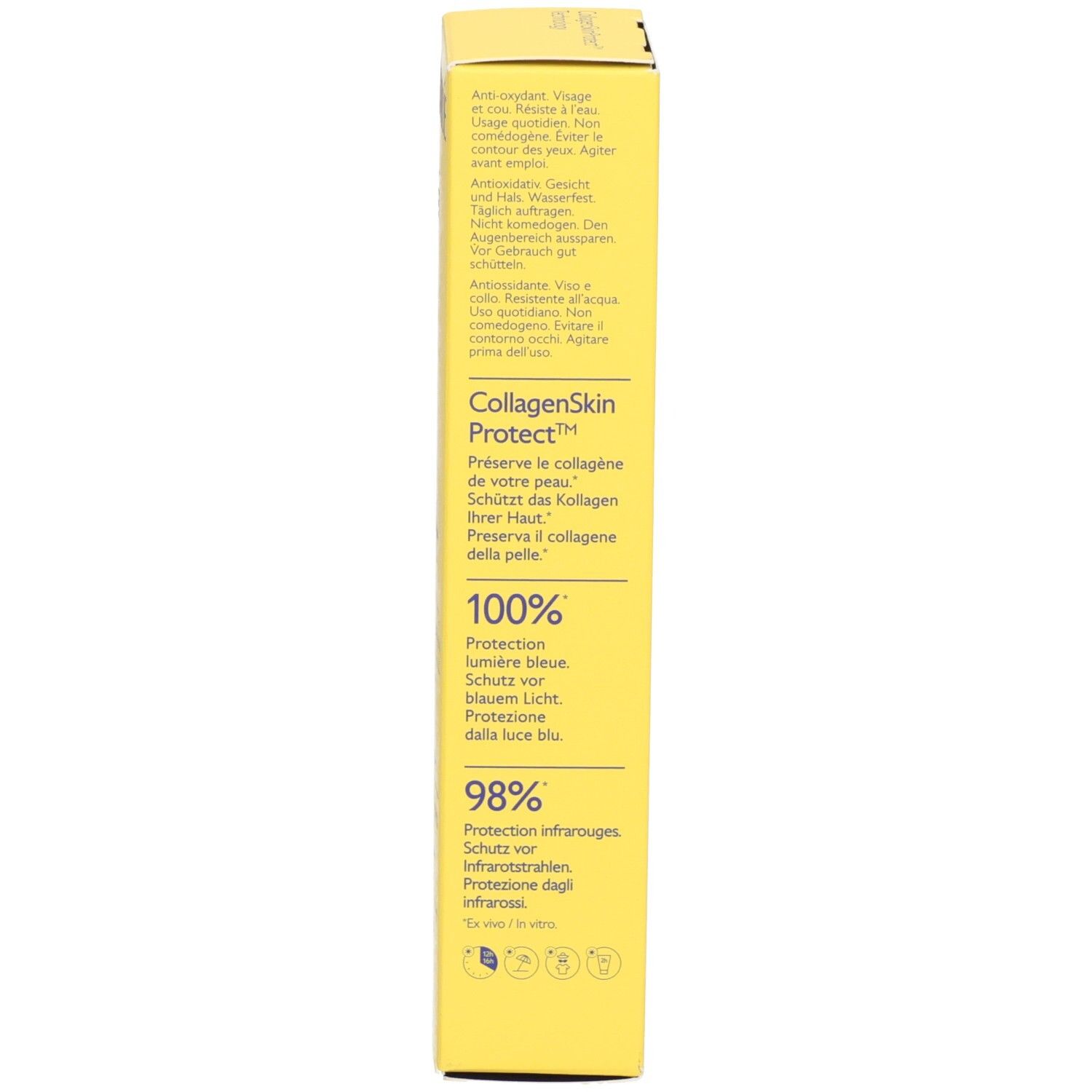 Gelbe Verpackung. Text über Inhaltsstoffe und Schutz. Enthält Informationen über CollagenSkinProtect.