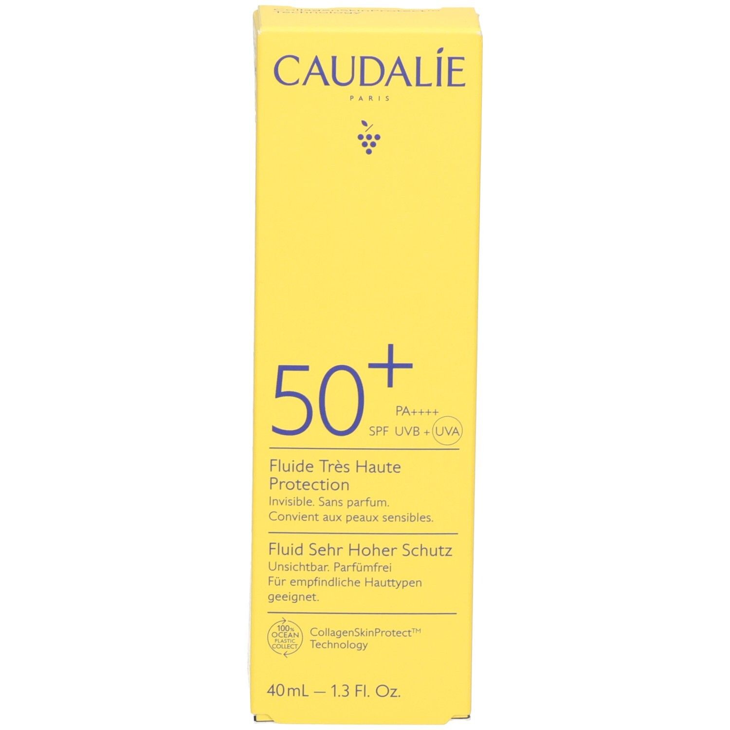 Gelbe Verpackung. CAUDALIE, 50+. Produktname und Text in mehreren Sprachen.