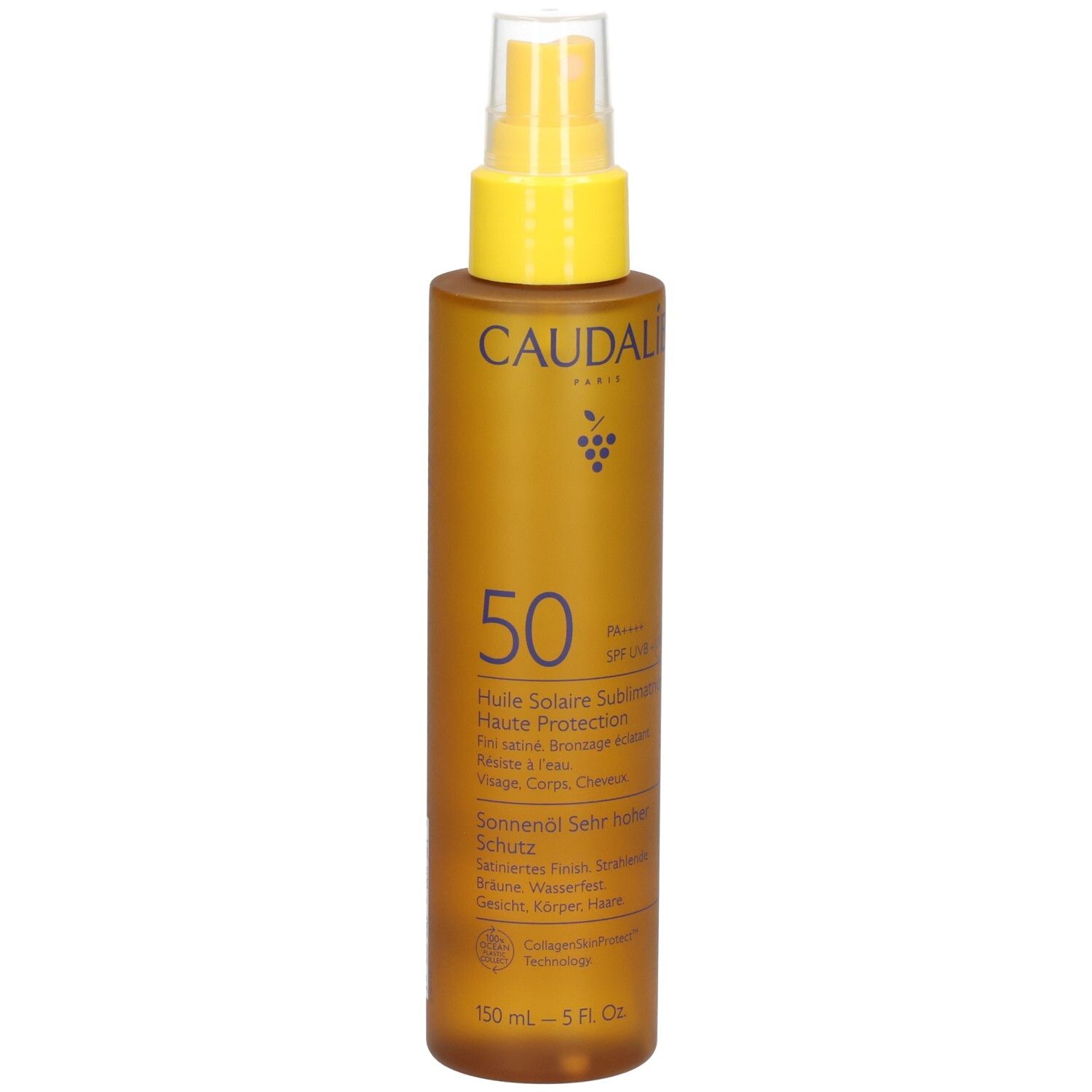 Braune Sprühflasche mit gelbem Sprühkopf. Beschriftung: Caudalie, 50, Sonnenöl, LSF 50. 150 ml.
