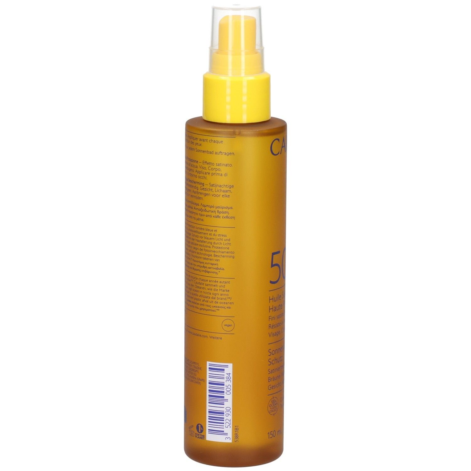 Rückseite der braunen Sprühflasche. Text in mehreren Sprachen. Barcode und Volumenangabe.