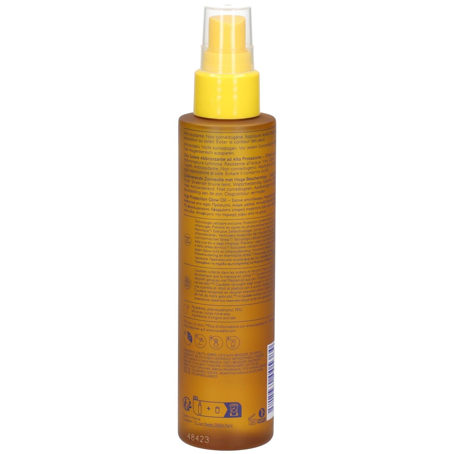 Rückseite der braunen Sprühflasche. Text in mehreren Sprachen. Detailansicht der Inhaltsstoffe.