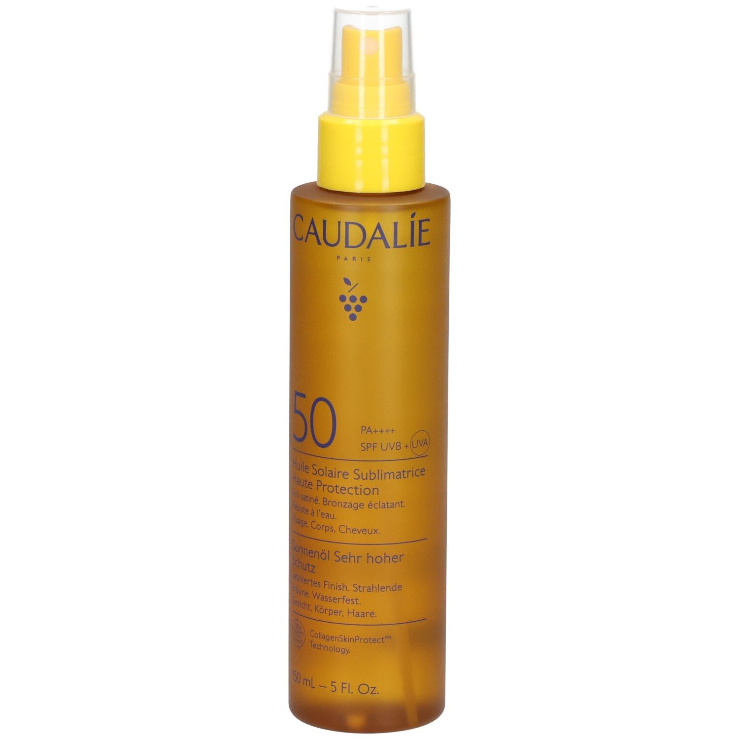 Braune Sprühflasche mit gelbem Sprühkopf. Beschriftung: Caudalie, 50, Sonnenöl, LSF 50. 150 ml.