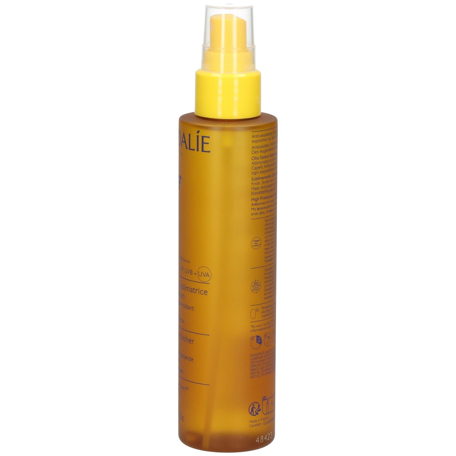 Braune Sprühflasche mit gelbem Sprühkopf. Beschriftung: Caudalie, 50, Sonnenöl, LSF 50. 150 ml.