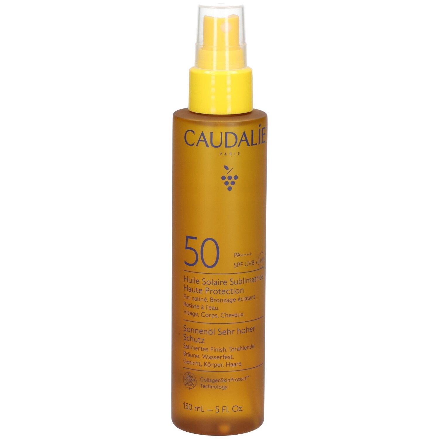 Braune Sprühflasche mit gelbem Sprühkopf. Beschriftung: Caudalie, 50, Sonnenöl, LSF 50. 150 ml.
