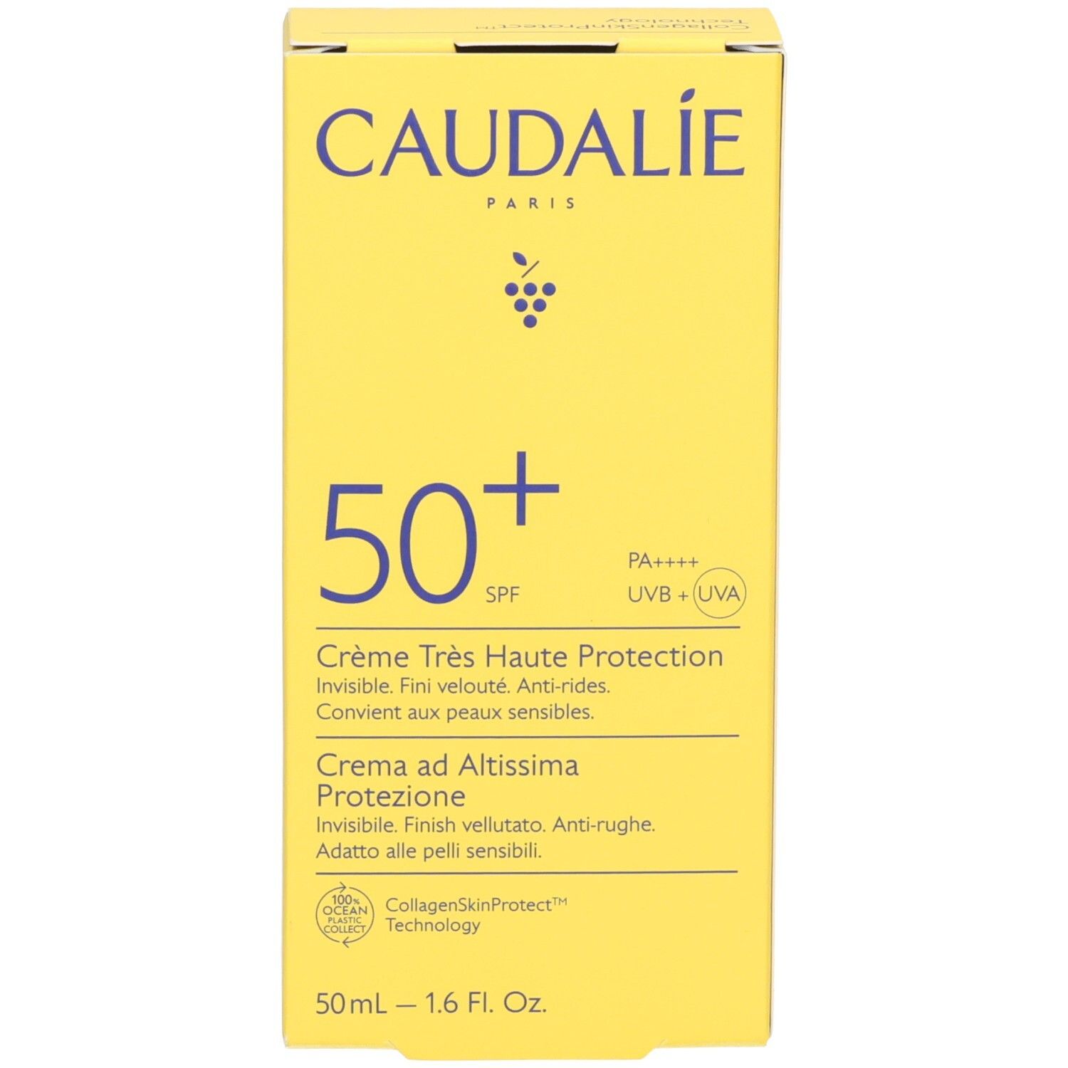 Gelbe Schachtel mit CAUDALIE-Logo, 50+ SPF, Creme Très Haute Protection. Text in Französisch, Italienisch, und Englisch.