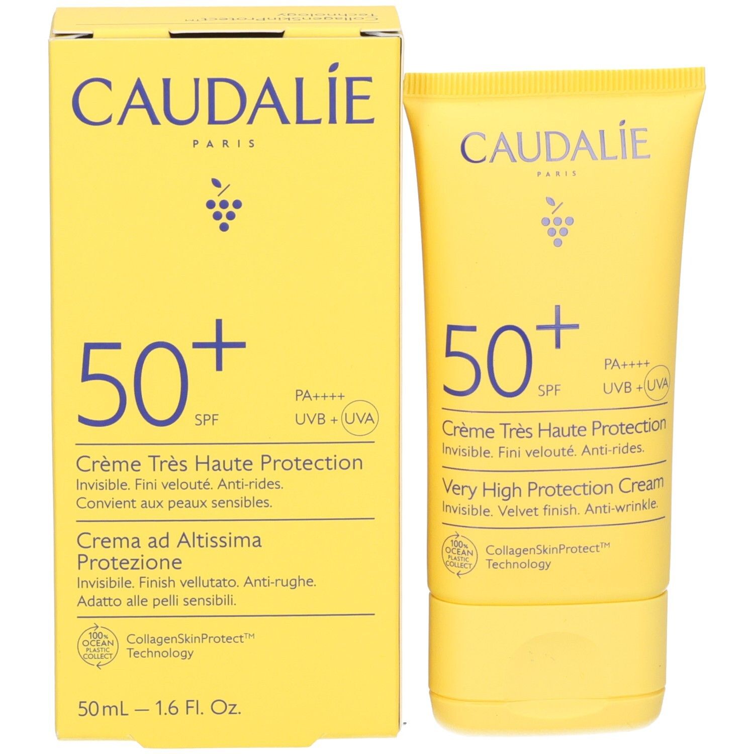 Gelbe Schachtel und Tube CAUDALIE, 50+ SPF, Crème Très Haute Protection. Text in Französisch, Italienisch und Englisch.