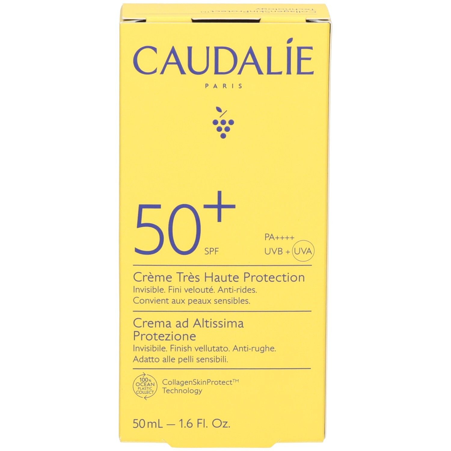Gelbe Schachtel mit CAUDALIE-Logo, 50+ SPF, Creme Très Haute Protection. Text in Französisch, Italienisch, und Englisch.