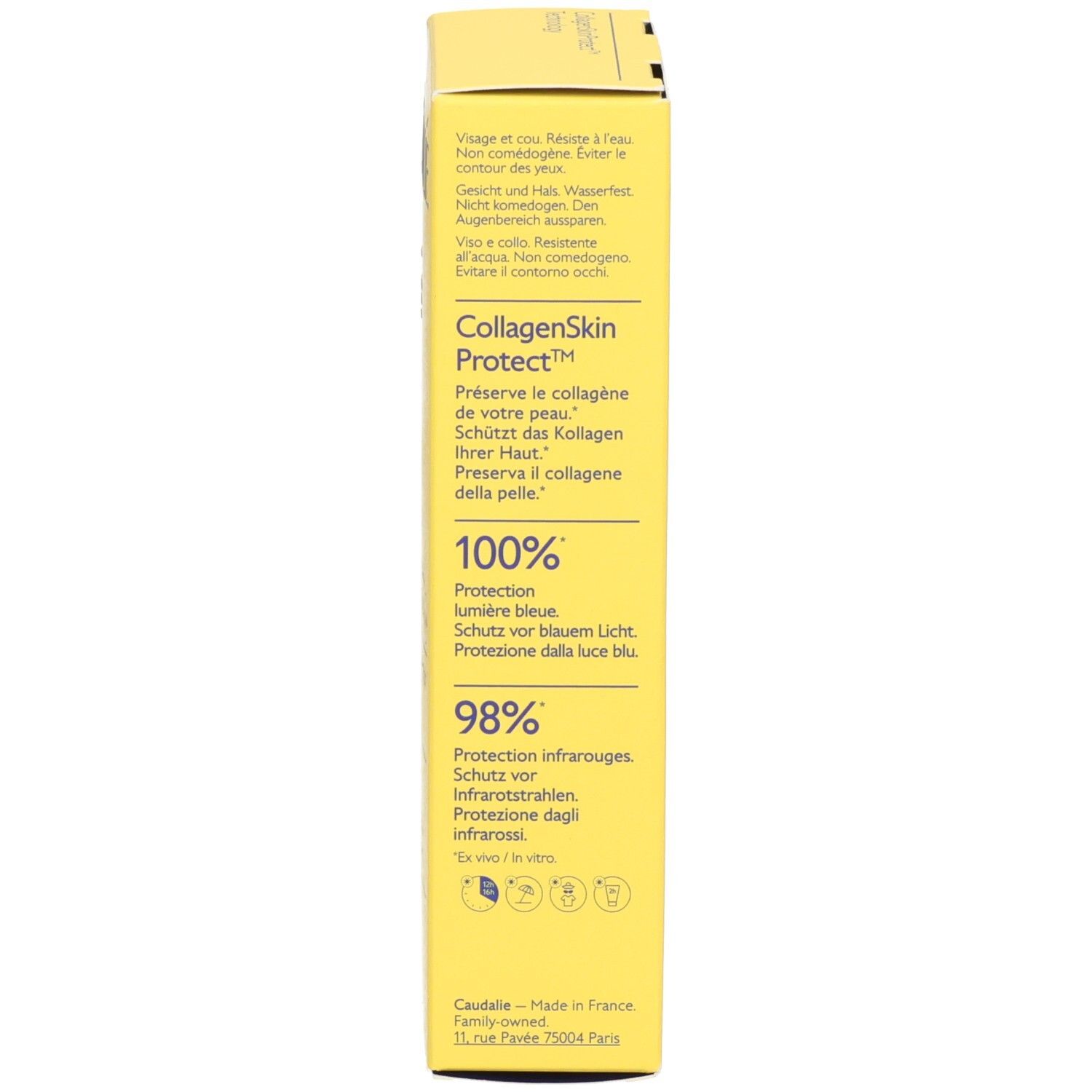 Gelbe Schachtel, Text über Gesicht, Hals, Augenbereich. CollagenSkin Protect, 100% Bluelight, 98% Infrarot.