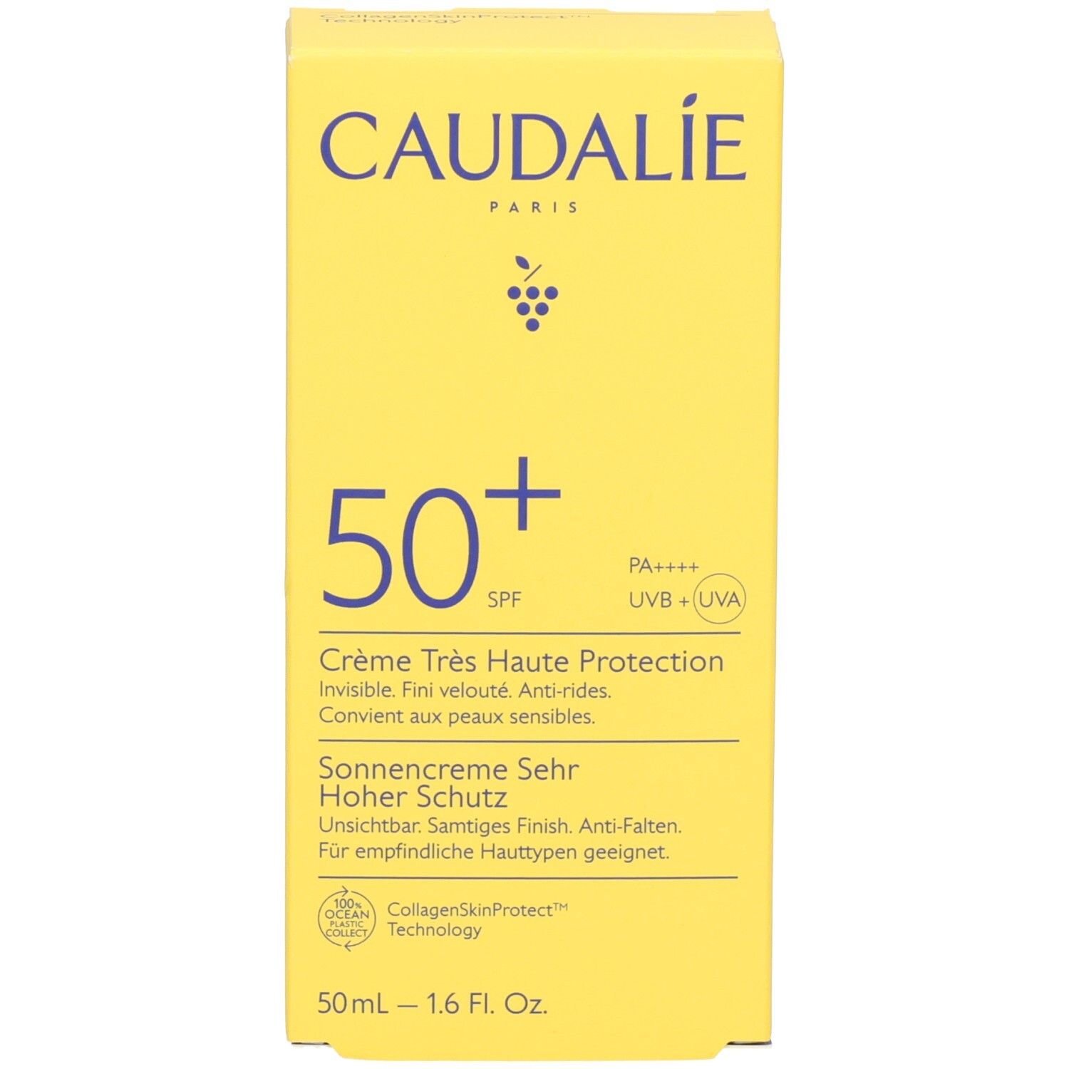 Gelbe Schachtel mit CAUDALIE-Logo, 50+ SPF, Sonnenschutz. Text in Deutsch, Französisch, Italienisch und Englisch.