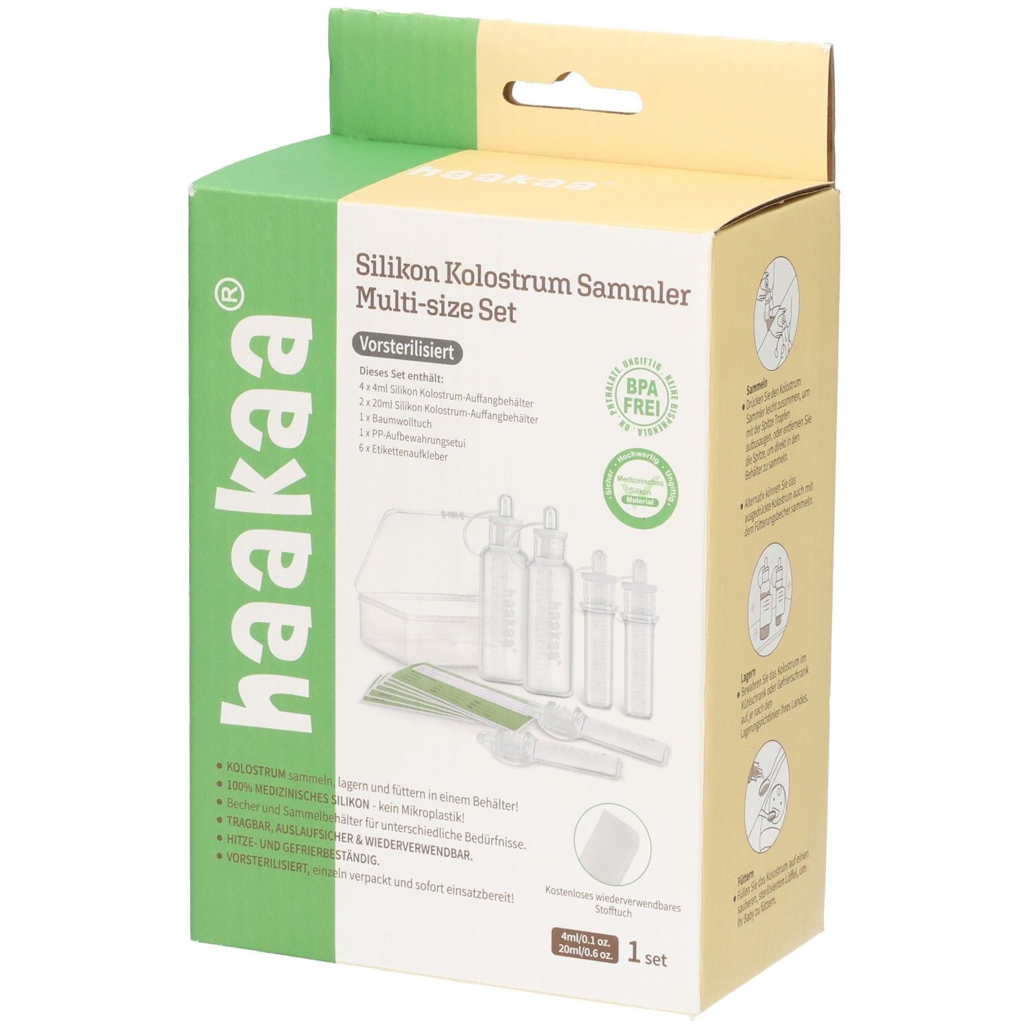 Emballage du set Haakaa Kolostrum Sammler Multi-Size avec son contenu.