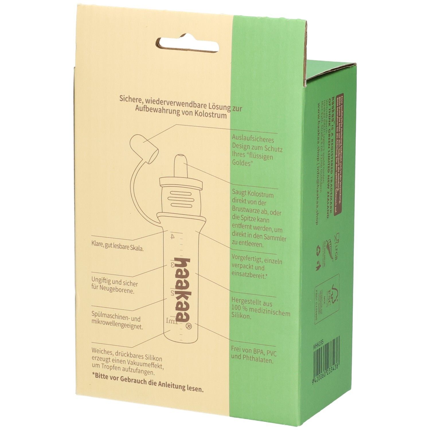 Arrière de l'emballage du set Haakaa Kolostrum Sammler avec informations produit.