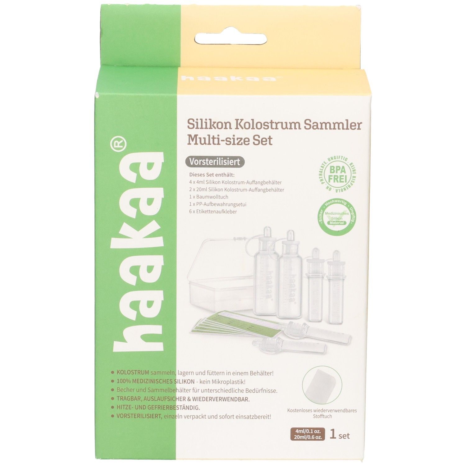Avant de l'emballage du set Haakaa Kolostrum Sammler Multi-Size.