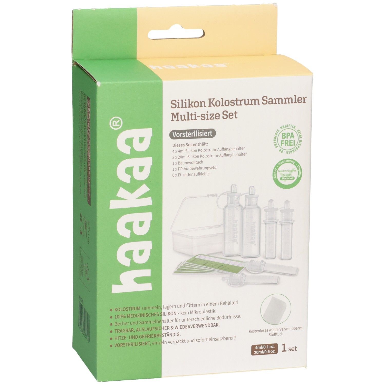 Avant de l'emballage du set Haakaa Kolostrum Sammler Multi-Size avec contenu.