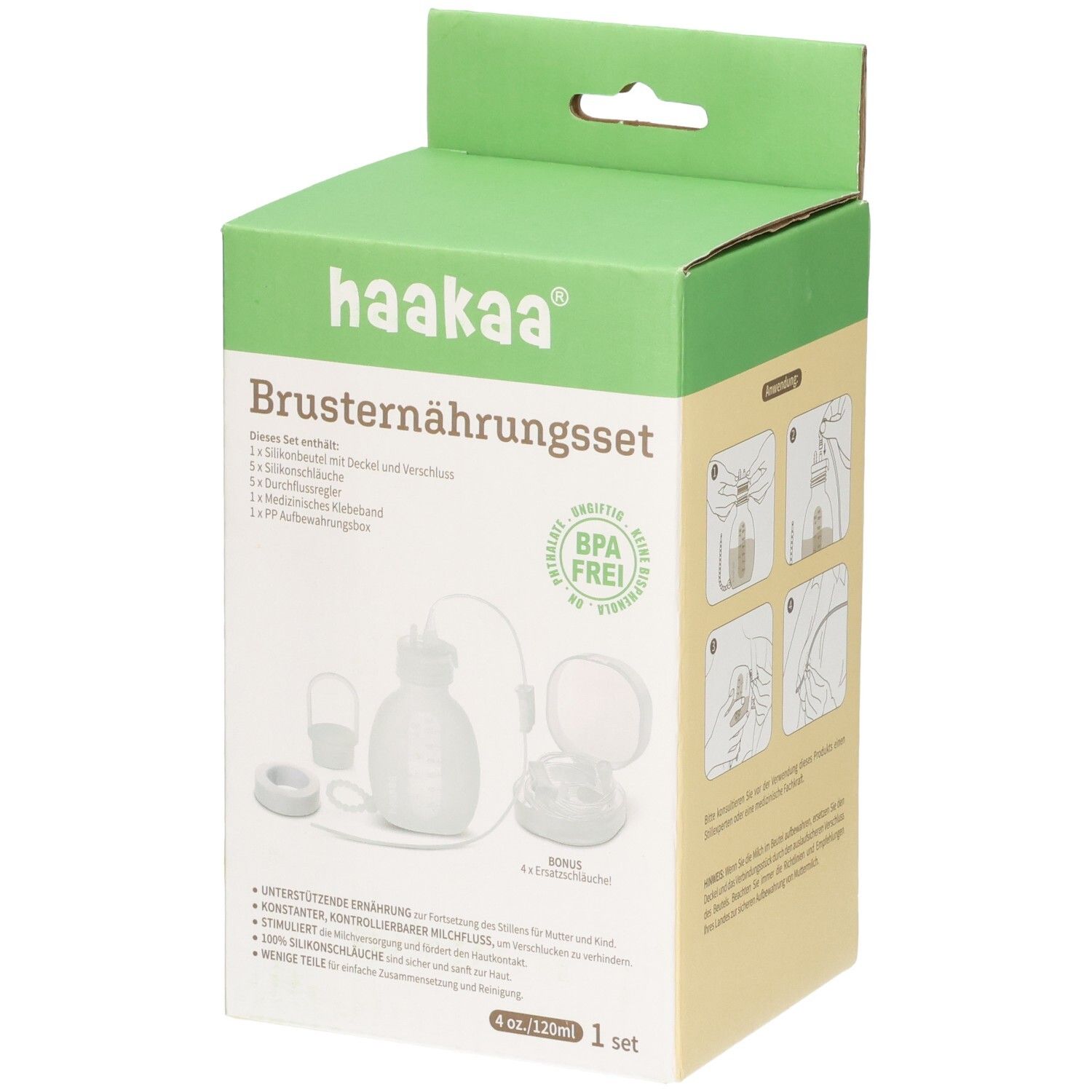 Haakaa Brusternährungsset: Silikonflasche, Deckel, Verschluss, Schlauch und Aufbewahrungsbox. BPA-frei.