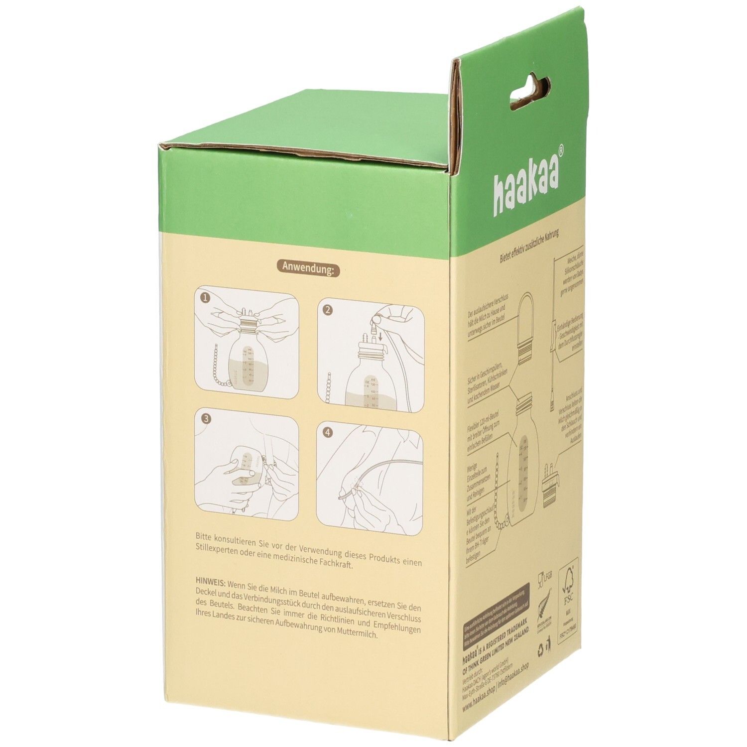 Haakaa Brusternährungsset: Seitenansicht der Verpackung mit Anwendungshinweisen und Produktabbildung.