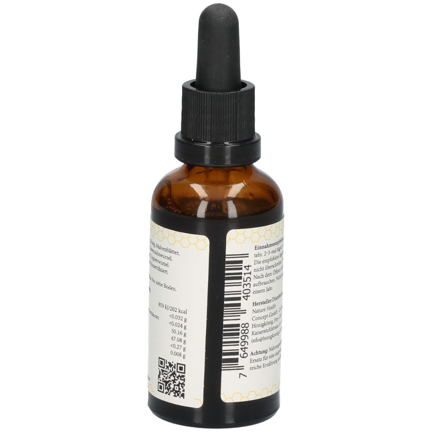 Flasche mit Pipette, Rückseite mit Barcode und Nährwertangaben. Etikett mit Bienenmotiv.