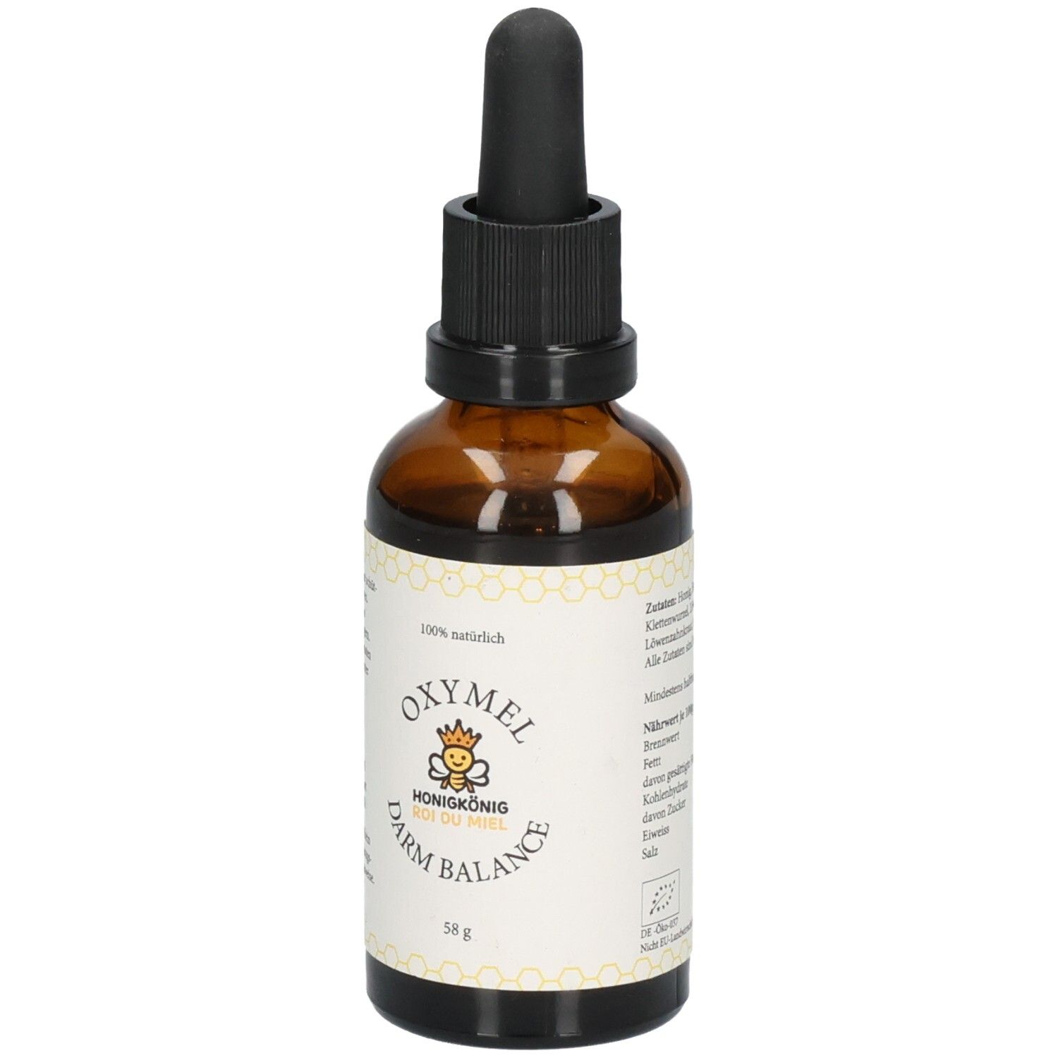Flasche mit Pipettenverschluss, Etikett mit "Oxymel Darm Balance", Bienenlogo und Bio-Siegel.