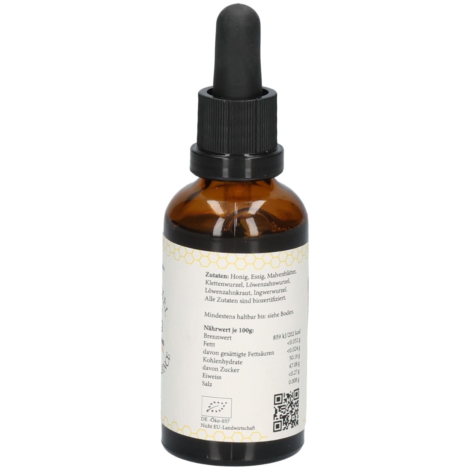 Flasche mit Pipette, Rückseite mit Zutatenliste und Nährwertangaben. Bio-Siegel sichtbar.