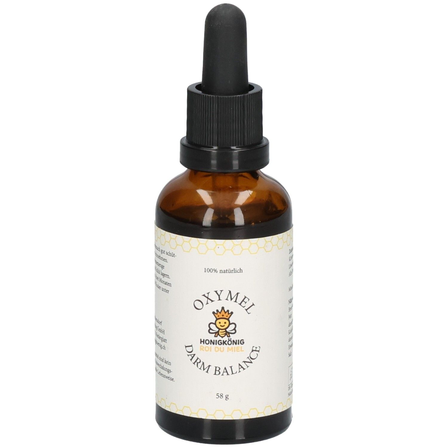 Flasche mit Pipettenverschluss, Etikett mit "Oxymel Darm Balance", Bienenlogo und Bio-Siegel.