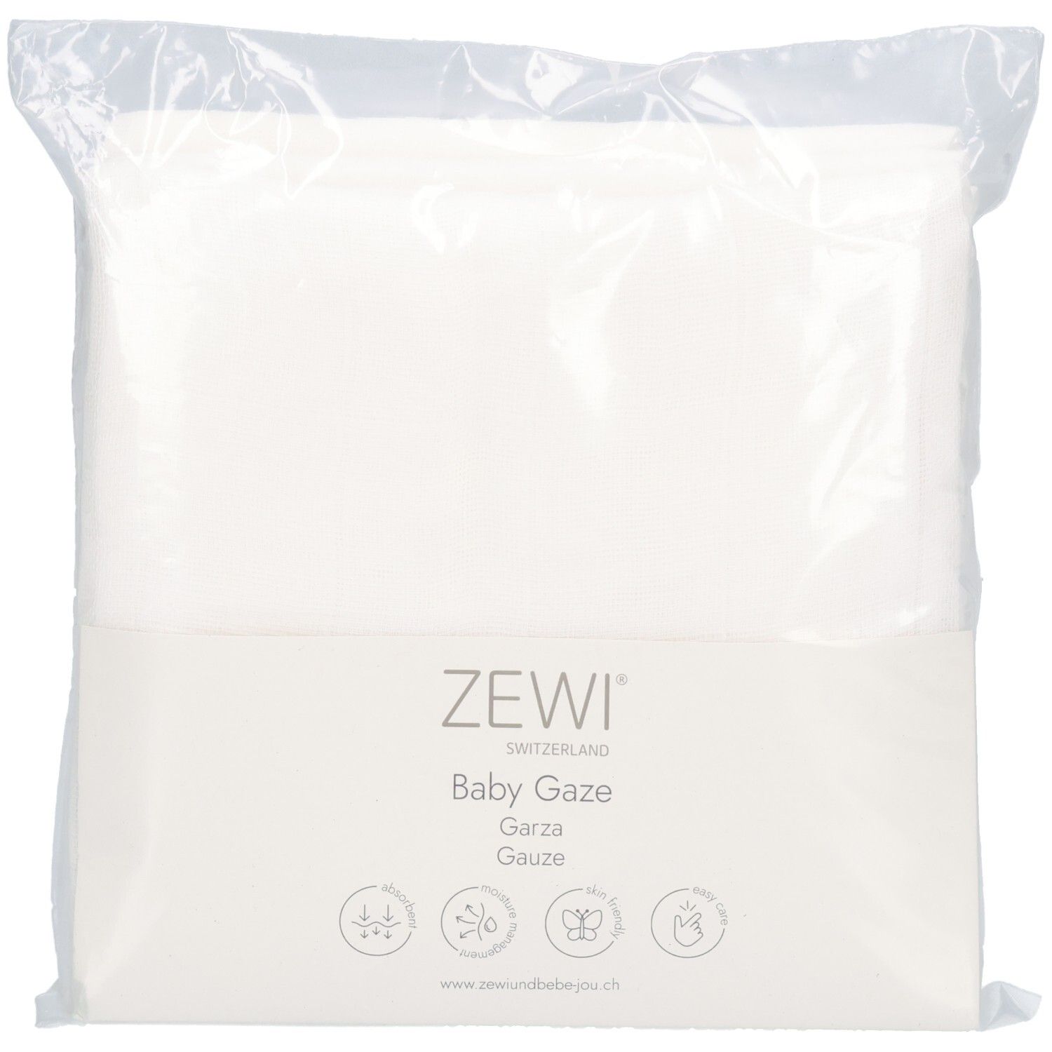 ZEWI Baby Gaze, weiße Gaze-Tücher in transparenter Verpackung. Produktname und Logo auf der Verpackung.