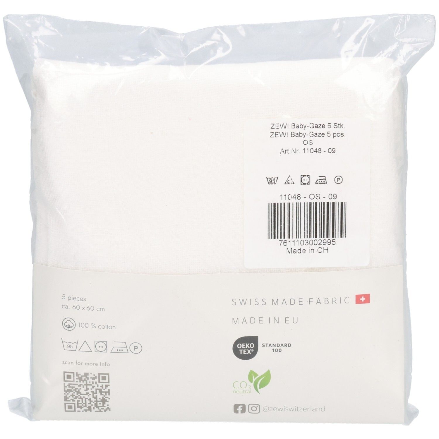 Rückseite der ZEWI Baby Gaze Verpackung. Produktinformationen, Logo, QR-Code und Zertifizierungen sind sichtbar.