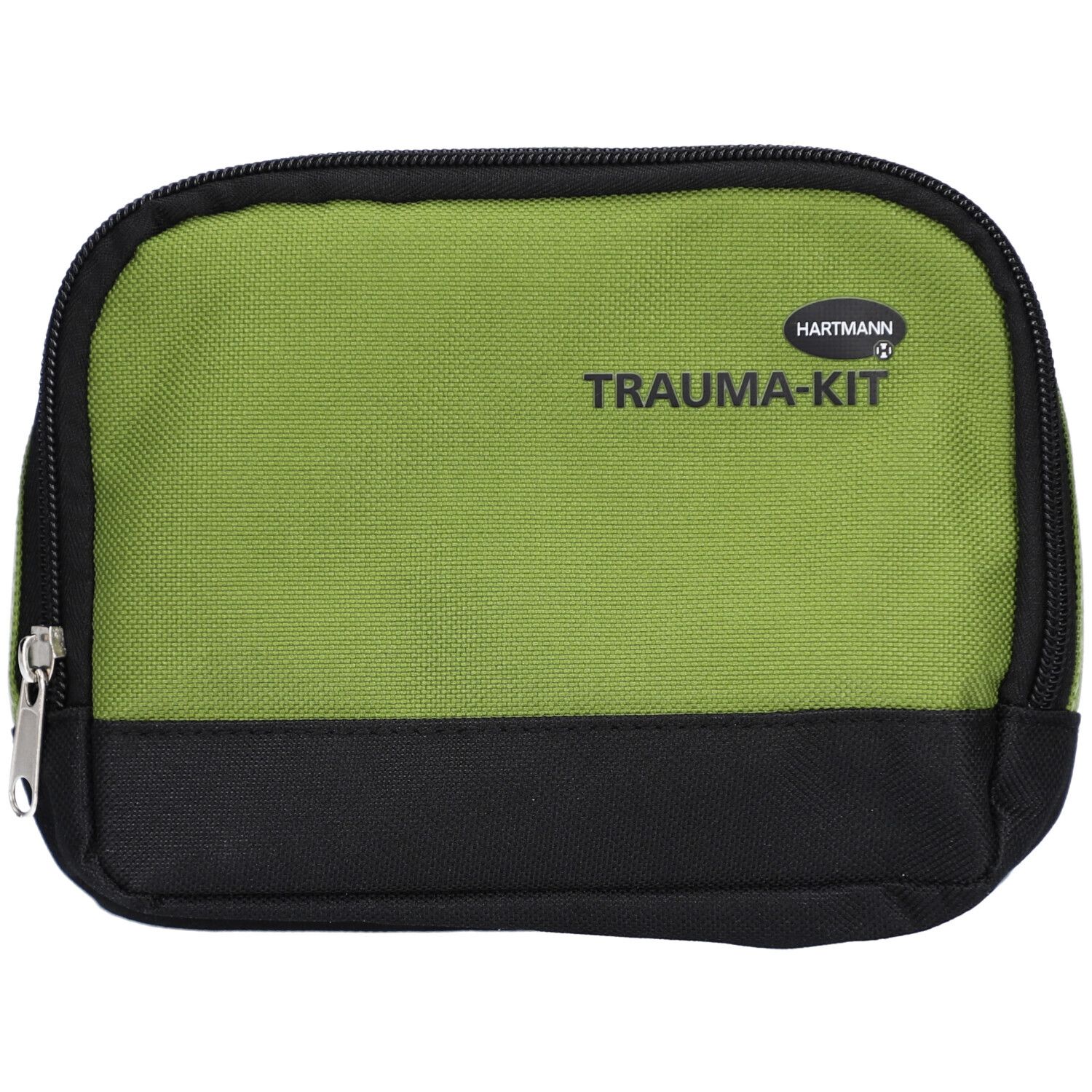 Grüne und schwarze Erste-Hilfe-Tasche mit Reißverschluss. Aufschrift: TRAUMA-KIT und Hartmann-Logo.