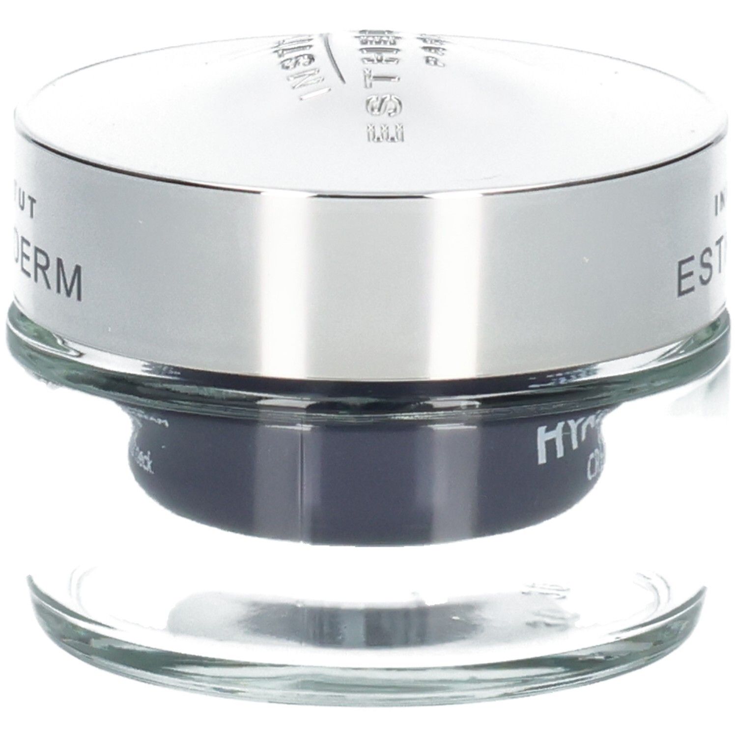 Pot en verre avec couvercle argenté, Institut Esthederm Intensive Hyalu+ Crème.