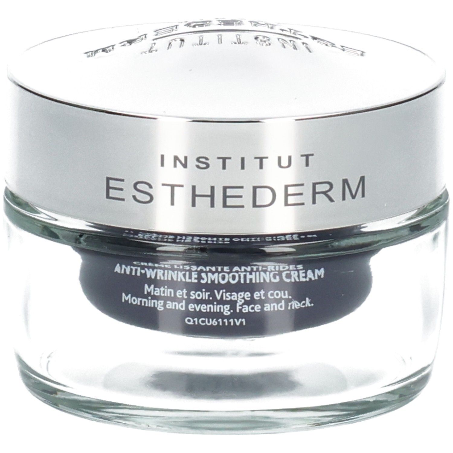 Institut Esthederm Crème Lissante Anti-Rides, pot en verre avec couvercle argenté.