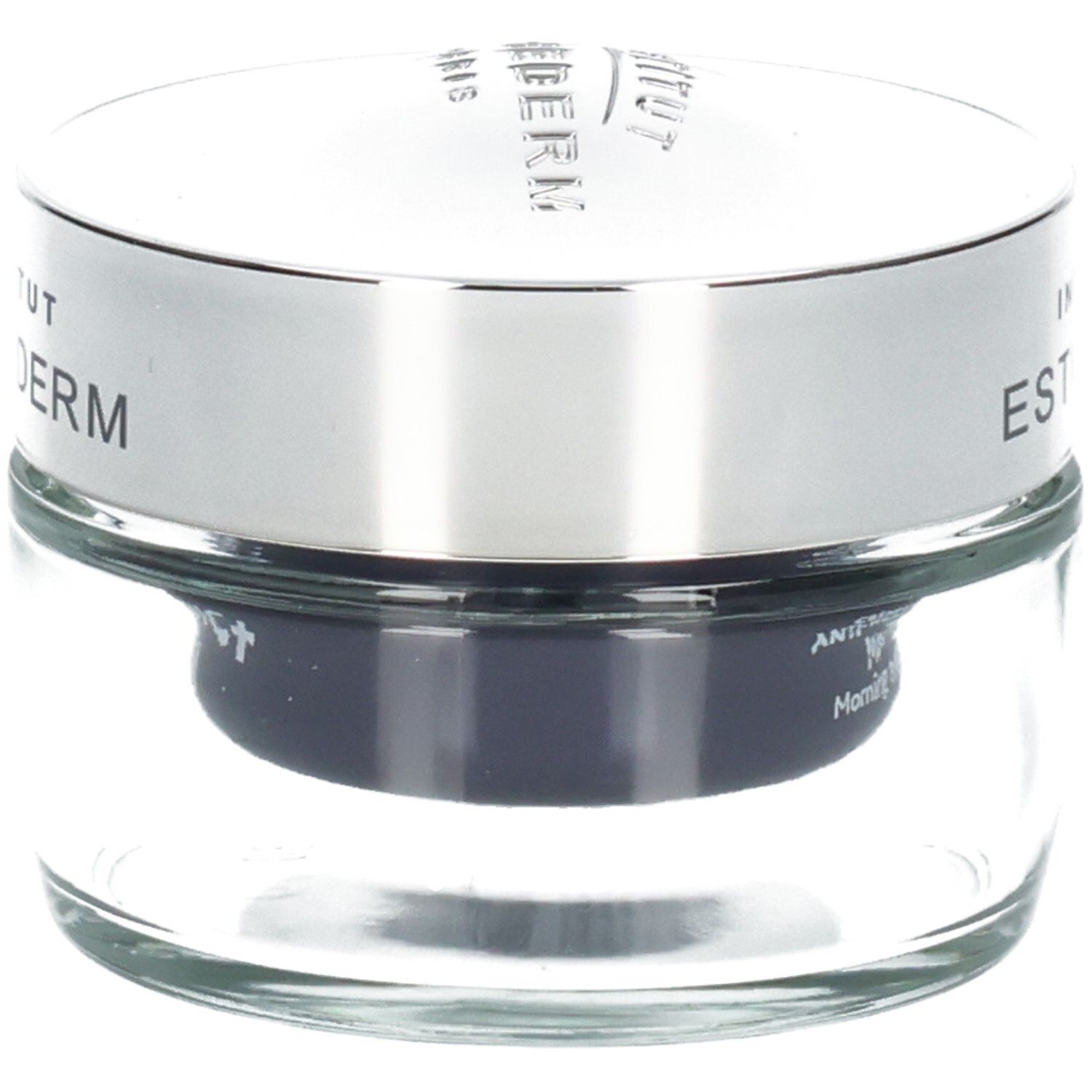 Institut Esthederm Crème Lissante Anti-Rides, pot en verre avec couvercle argenté.