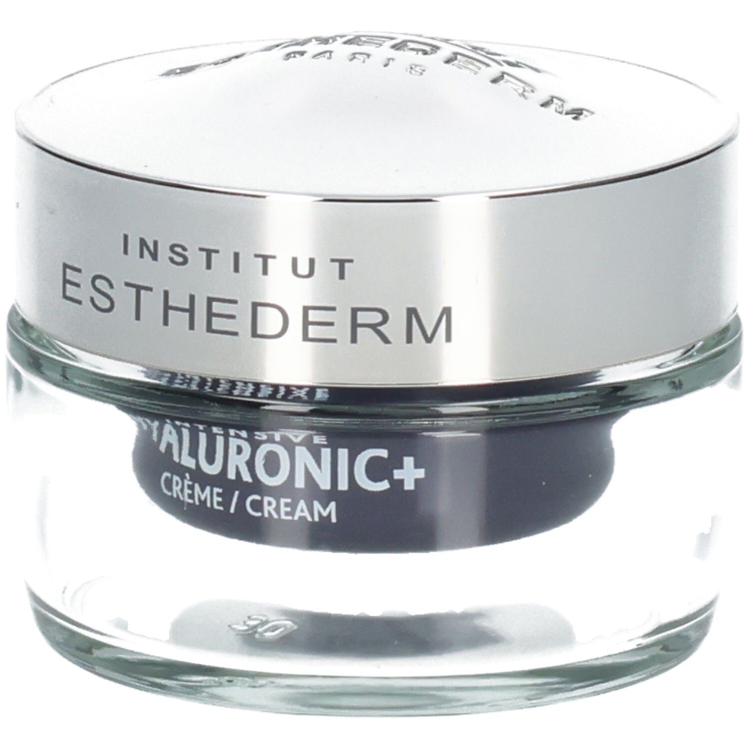 Institut Esthederm Intensive Hyalu+ Crème, pot en verre avec couvercle argenté.