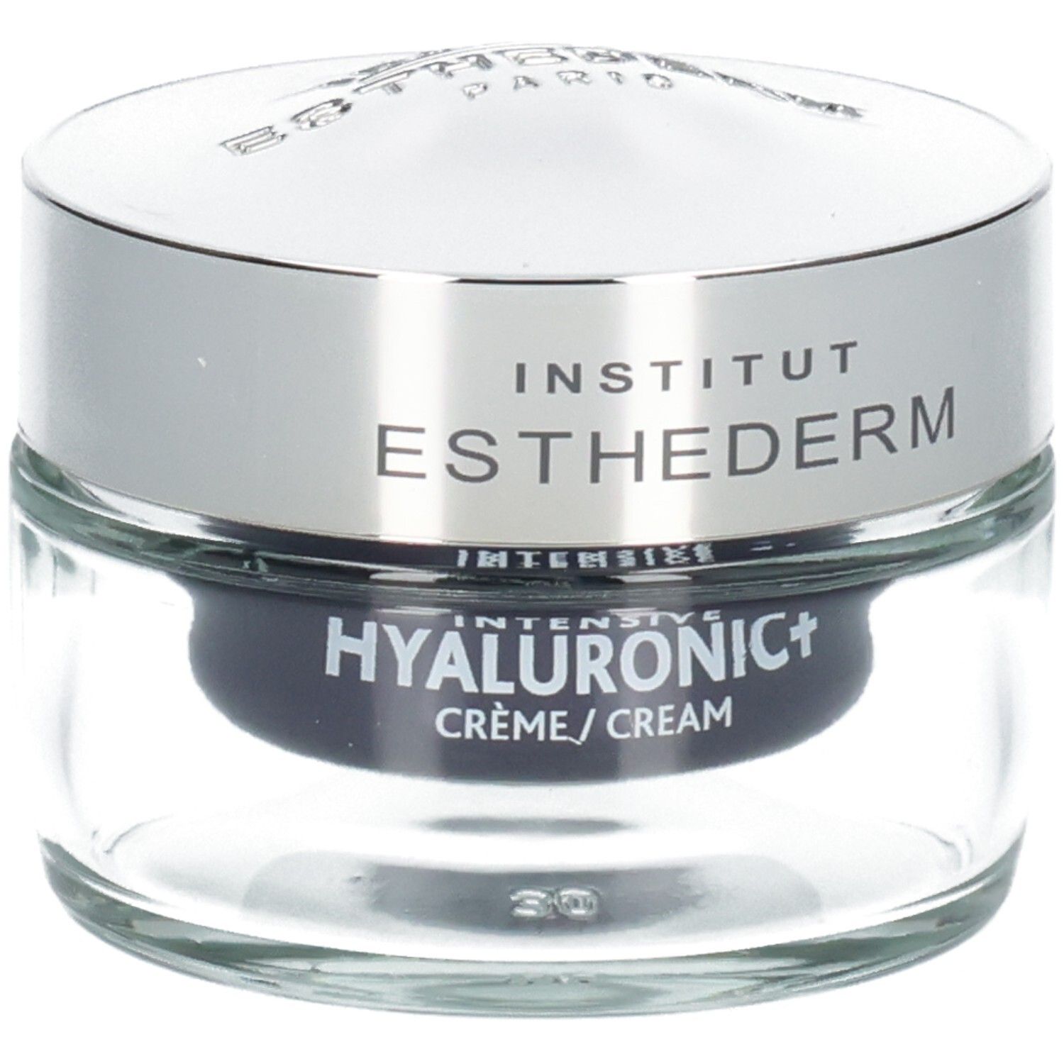Institut Esthederm Intensive Hyalu+ Crème, pot en verre avec couvercle argenté.