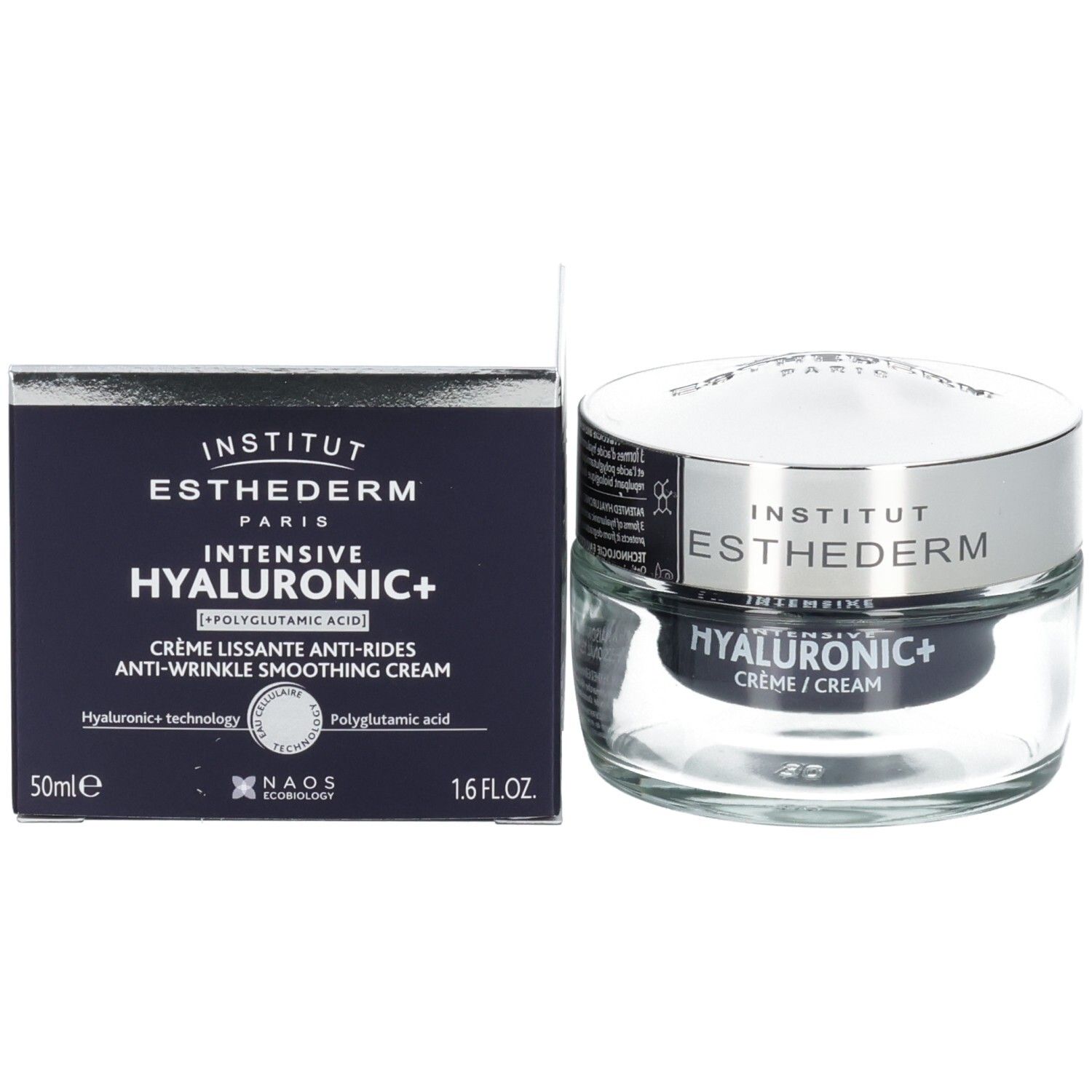 Institut Esthederm Intensive Hyalu+ Crème et emballage, pot en verre avec couvercle argenté.