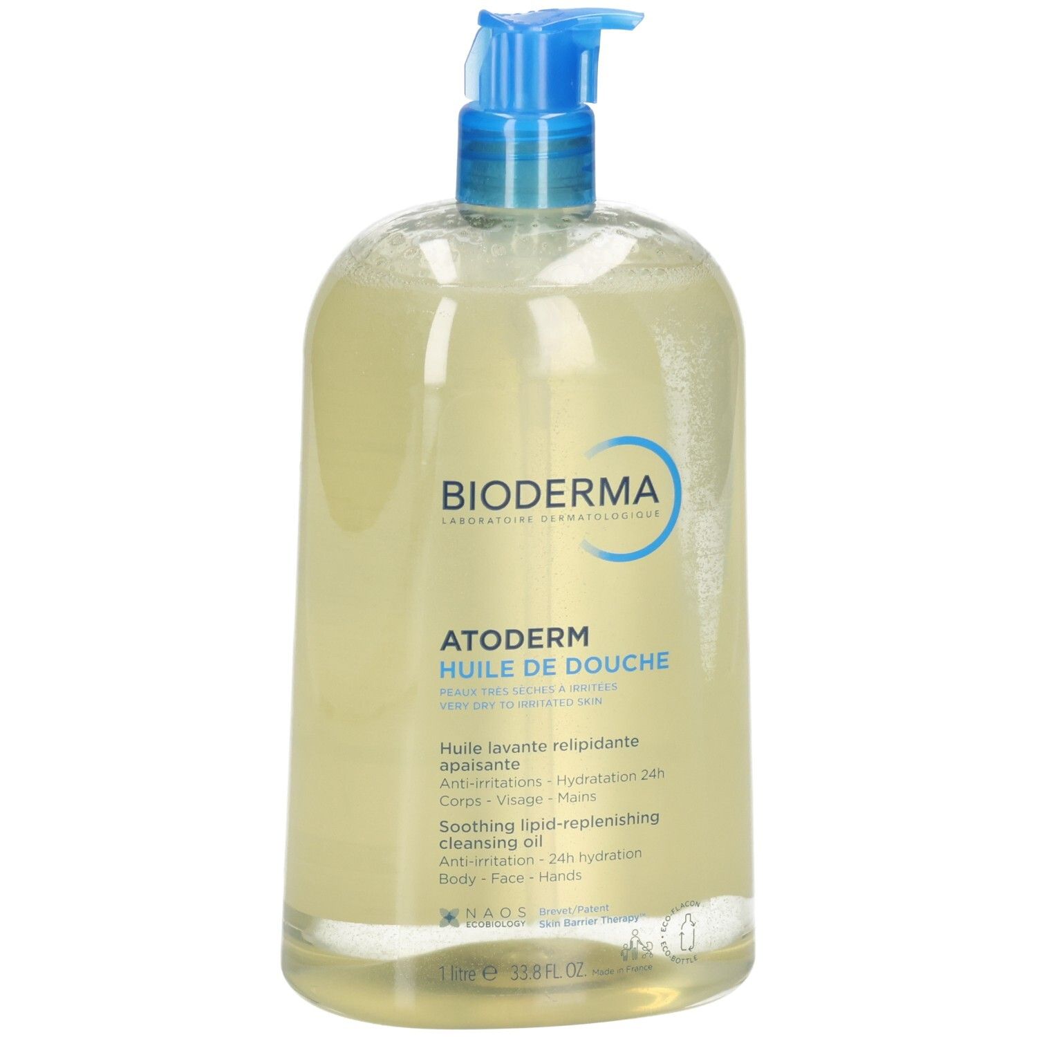 Bioderma Atoderm Huile de Douche, huile nettoyante dans une bouteille transparente avec distributeur pompe bleu.