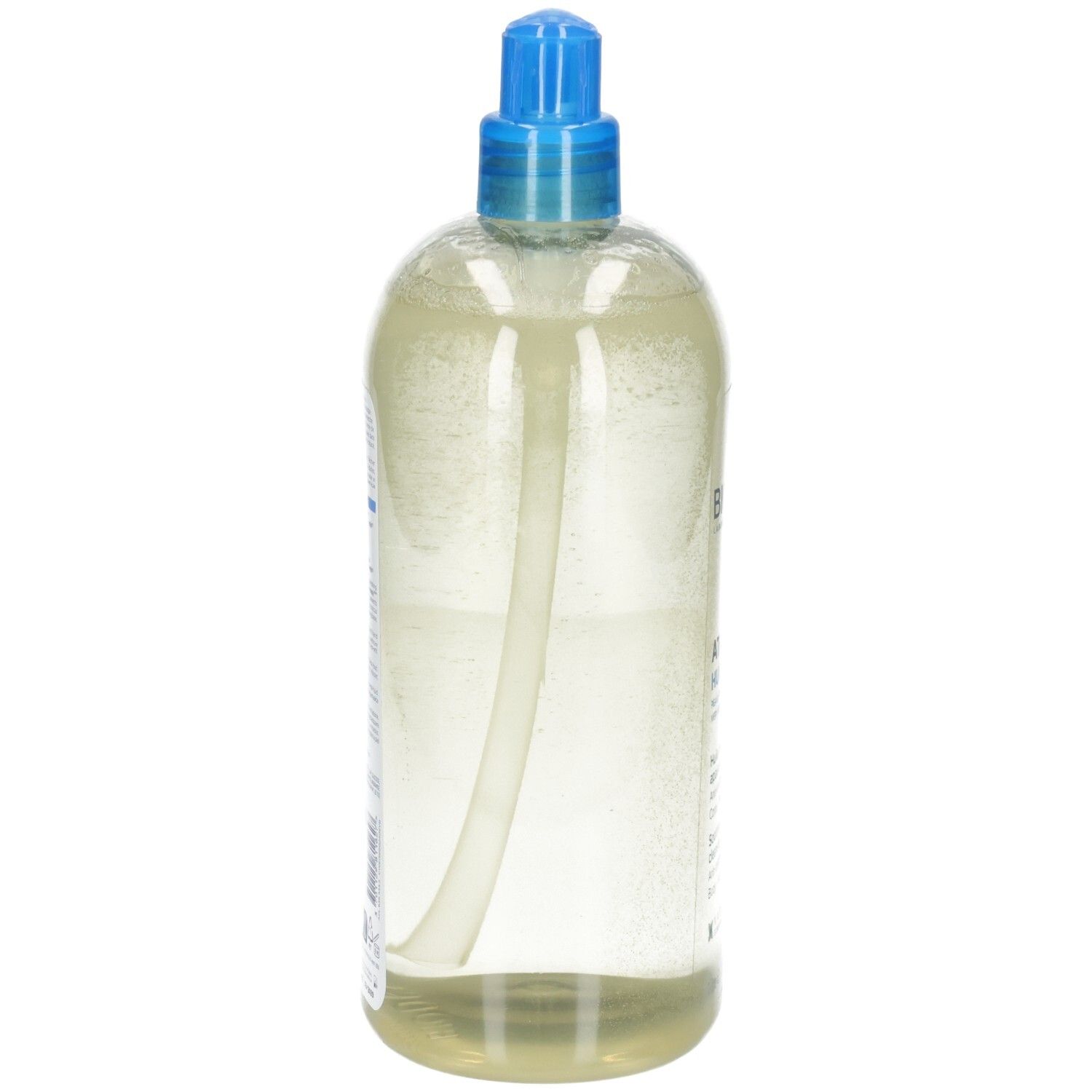 Arrière d'une bouteille Bioderma Atoderm Huile de Douche avec informations produit et étiquettes.