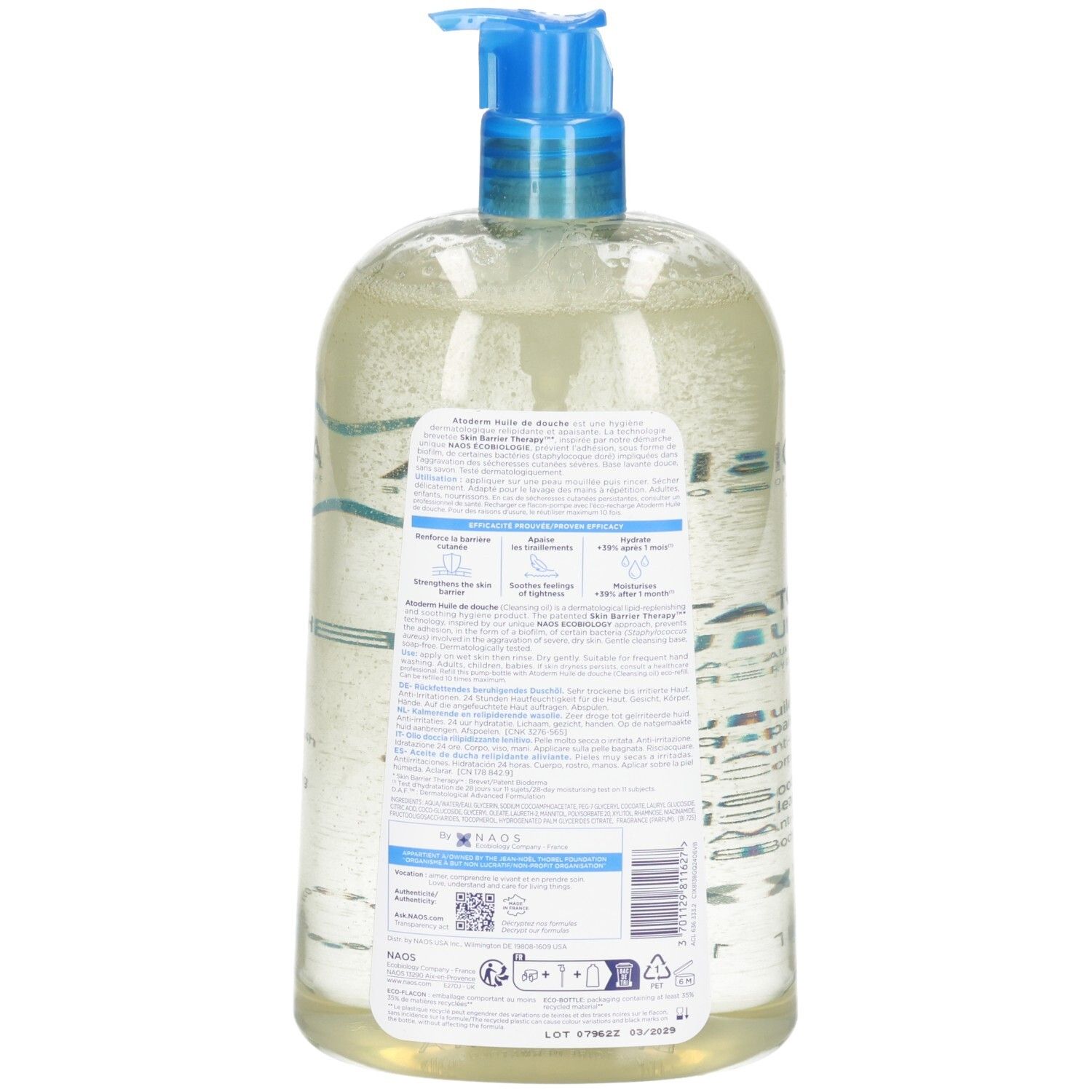 Arrière d'une bouteille Bioderma Atoderm Huile de Douche avec informations produit et étiquettes.