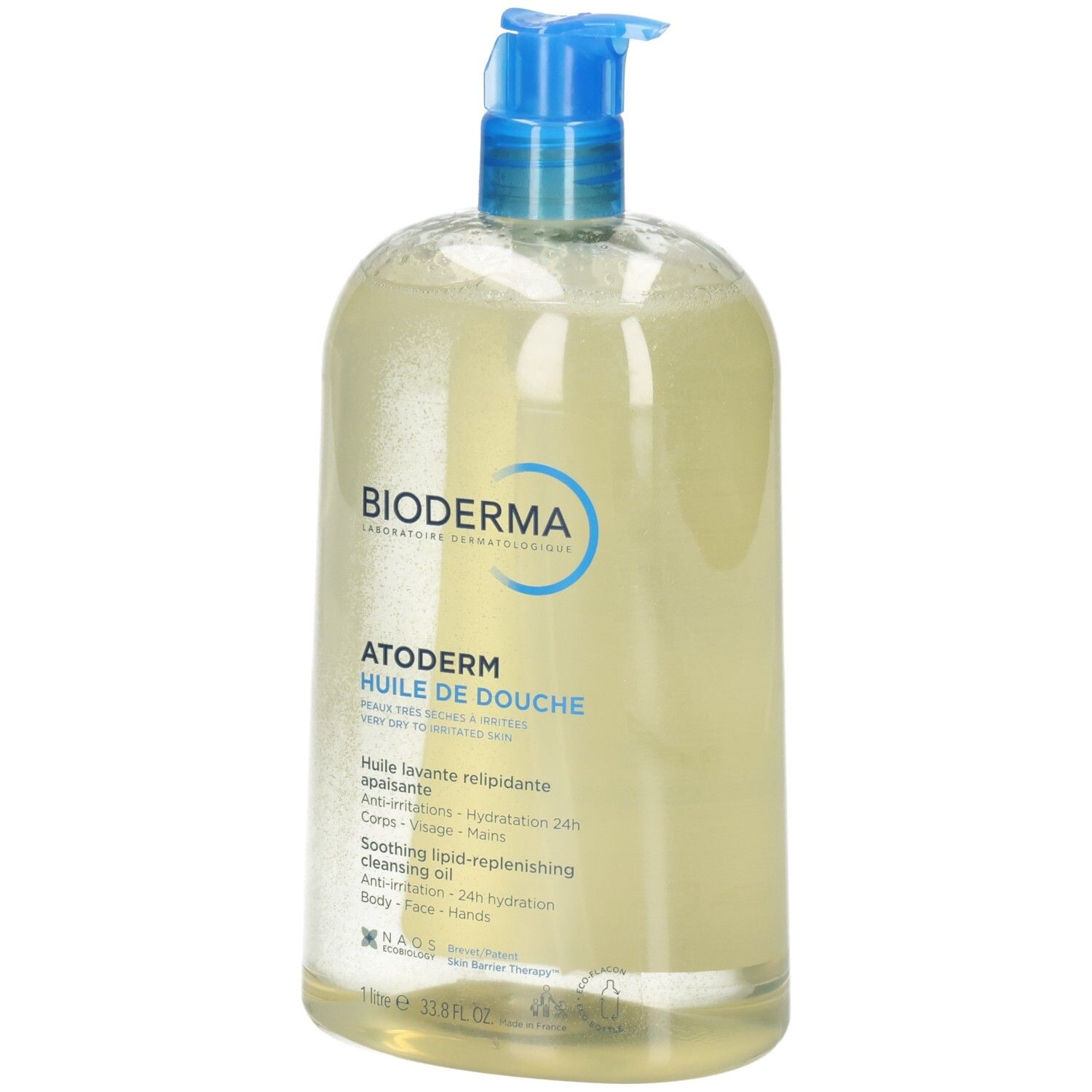 Bioderma Atoderm Huile de Douche, huile nettoyante dans une bouteille transparente avec distributeur pompe bleu.