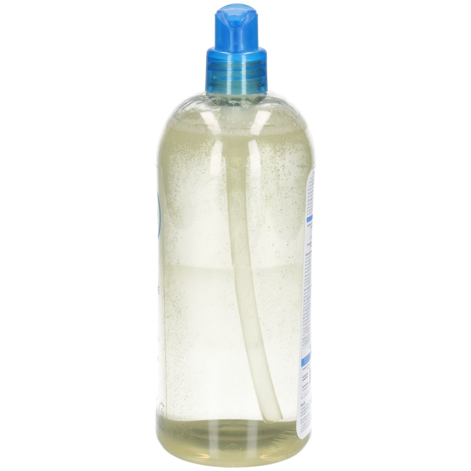 Arrière d'une bouteille Bioderma Atoderm Huile de Douche avec informations produit et étiquettes.