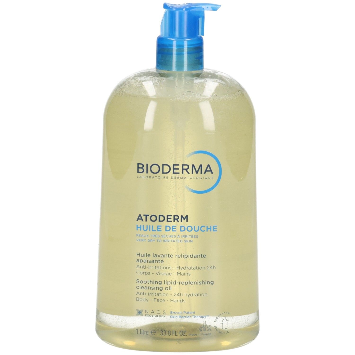 Bioderma Atoderm Huile de Douche, huile nettoyante dans une bouteille transparente avec distributeur pompe bleu.