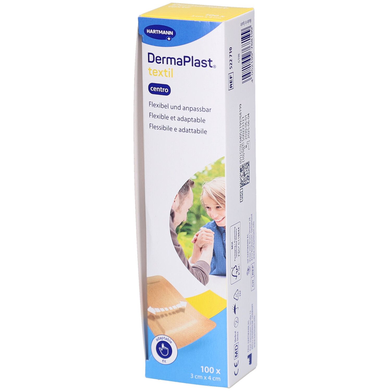 Verpackung von DERMAPLAST® Textil Centro Pansements. Flexible und anpassbare Pflaster. 100 Stück, 3 cm x 4 cm. Mit Abbildung von Personen.