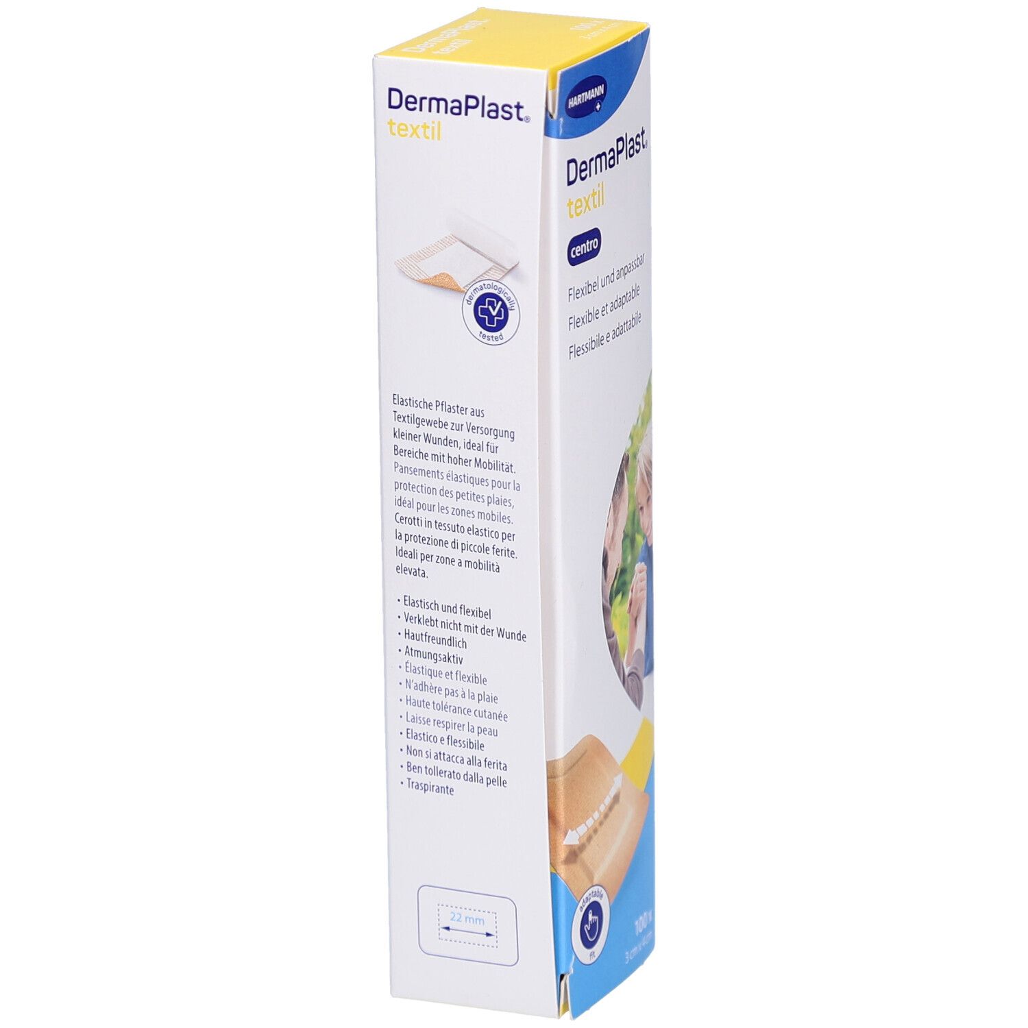 Seitenansicht der Verpackung von DERMAPLAST® Textil Centro Pansements. Flexible und anpassbare Pflaster. Produktbeschreibung in mehreren Sprachen.
