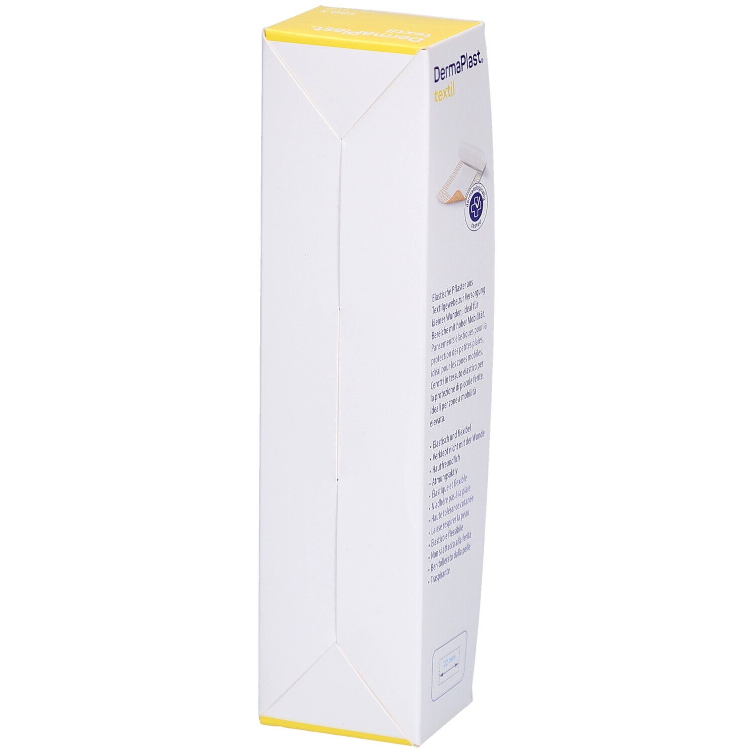 Verpackung von DERMAPLAST® Textil Centro Pansements. Seitenansicht. Produktinformationen und Text in verschiedenen Sprachen.