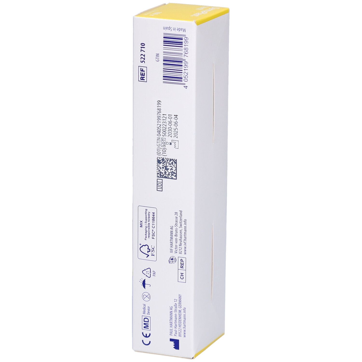 Rückseite der Verpackung von DERMAPLAST® Textil Centro Pansements. Barcode, Referenznummer und Logos.