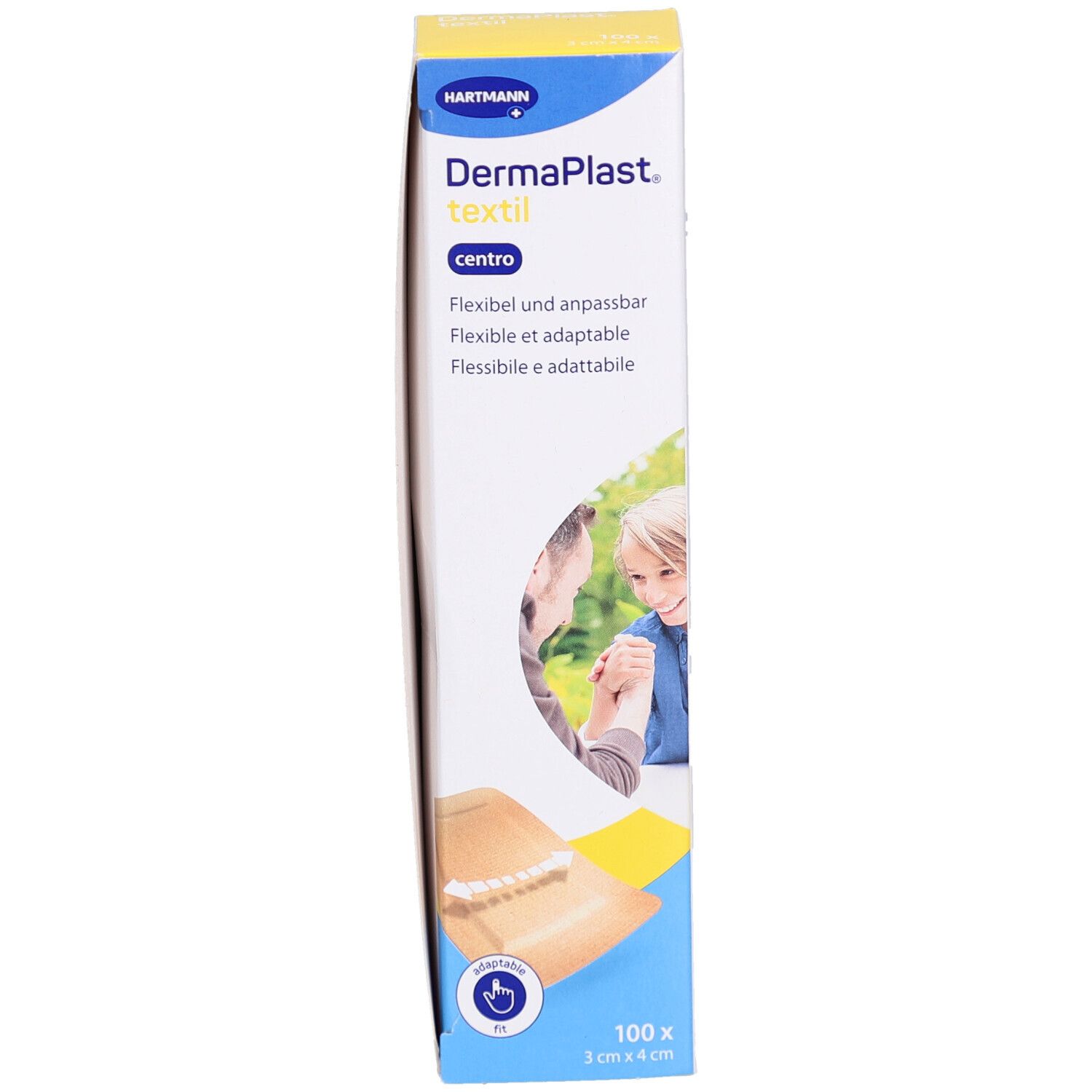 Vorderansicht der Verpackung von DERMAPLAST® Textil Centro Pansements. Flexible und anpassbare Pflaster. 100 Stück, 3 cm x 4 cm.
