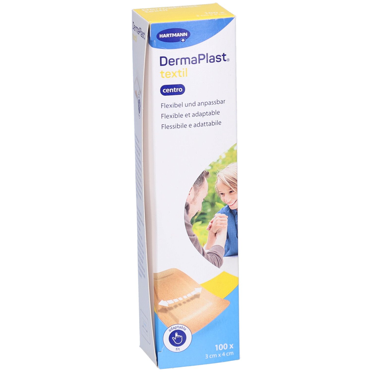 Vorderansicht der Verpackung von DERMAPLAST® Textil Centro Pansements. Flexible und anpassbare Pflaster. 100 Stück, 3 cm x 4 cm.