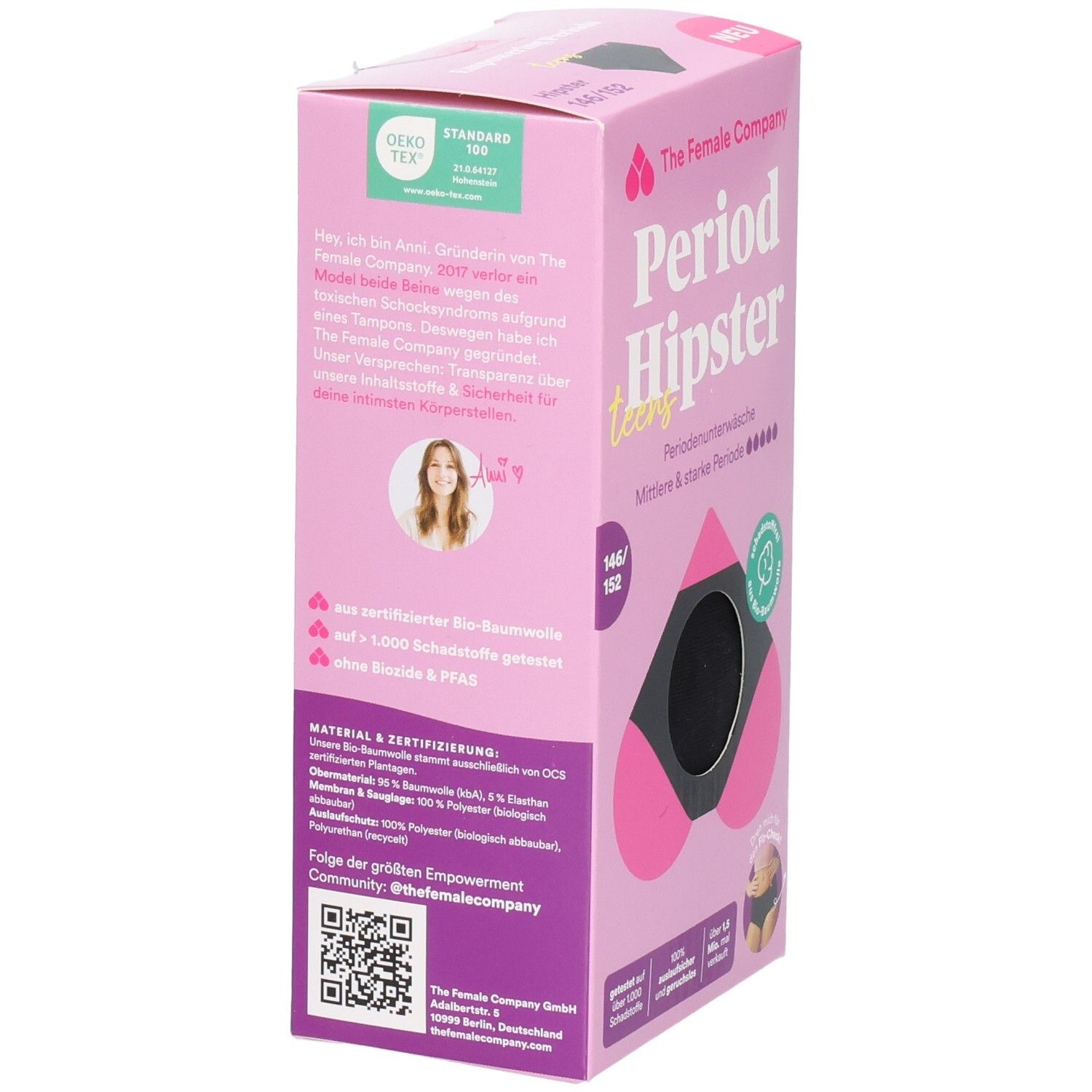Rosa Verpackung mit Period Hipster Teens. Text und Logo von The Female Company. Zertifizierung: Oeko-Tex Standard 100. Bio-Baumwolle.